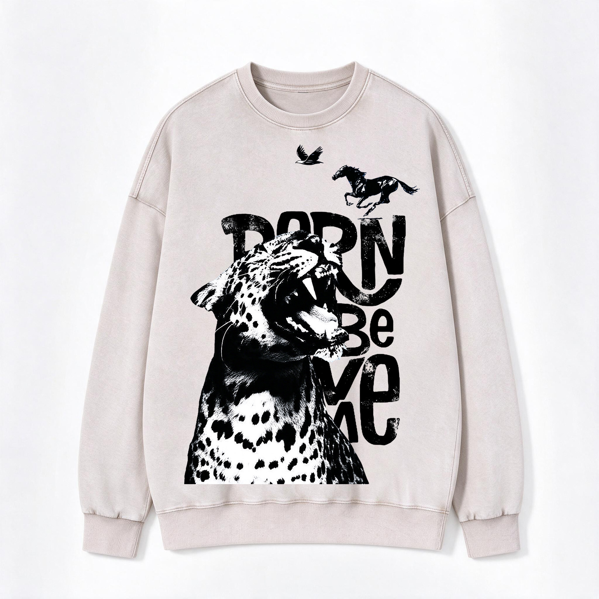 Born Wild Leopard Horse Eagle Print Washed Crewneck Sweatshirt
