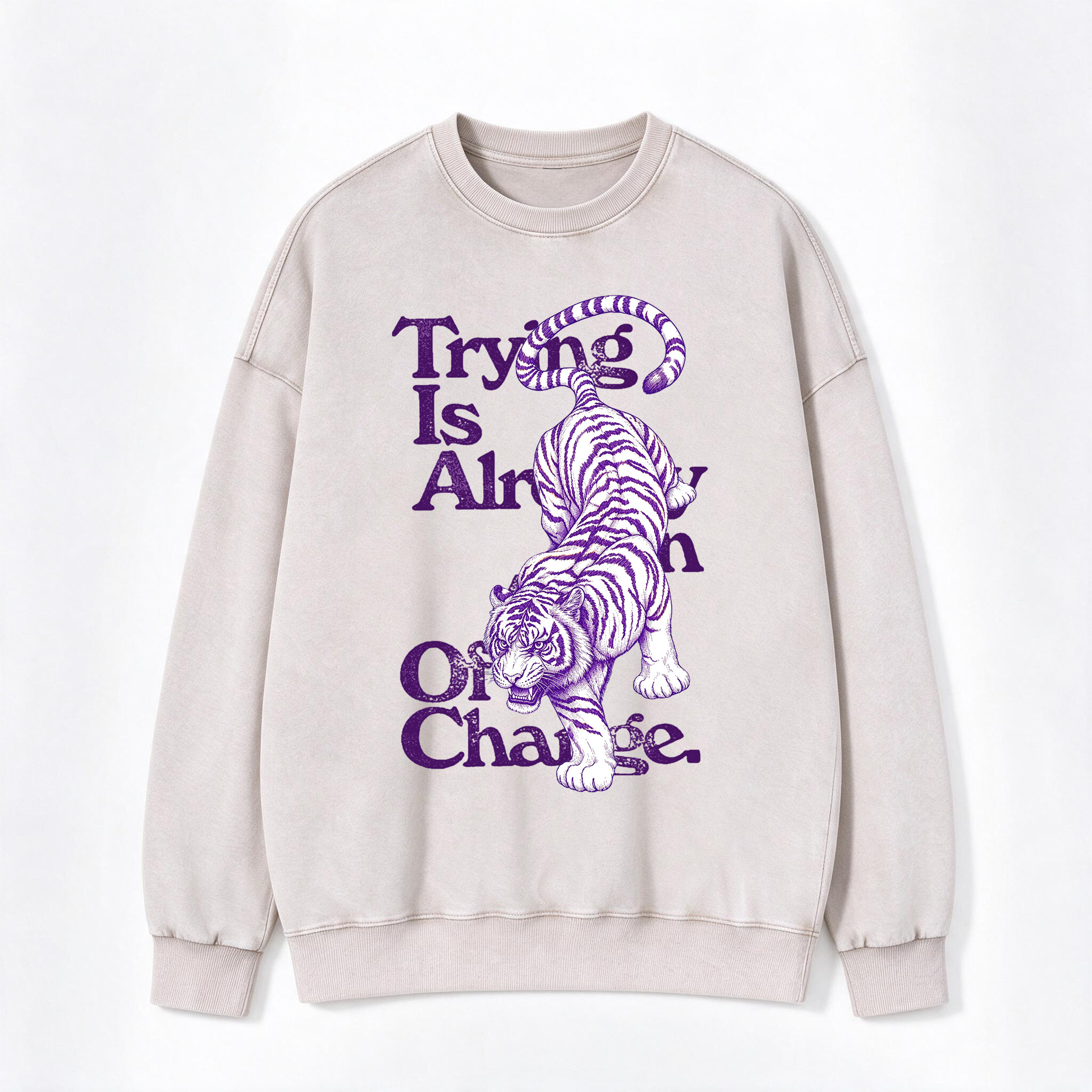 Trying Is an Act of Change Tiger Motivational Print Washed Crewneck Sweatshirt