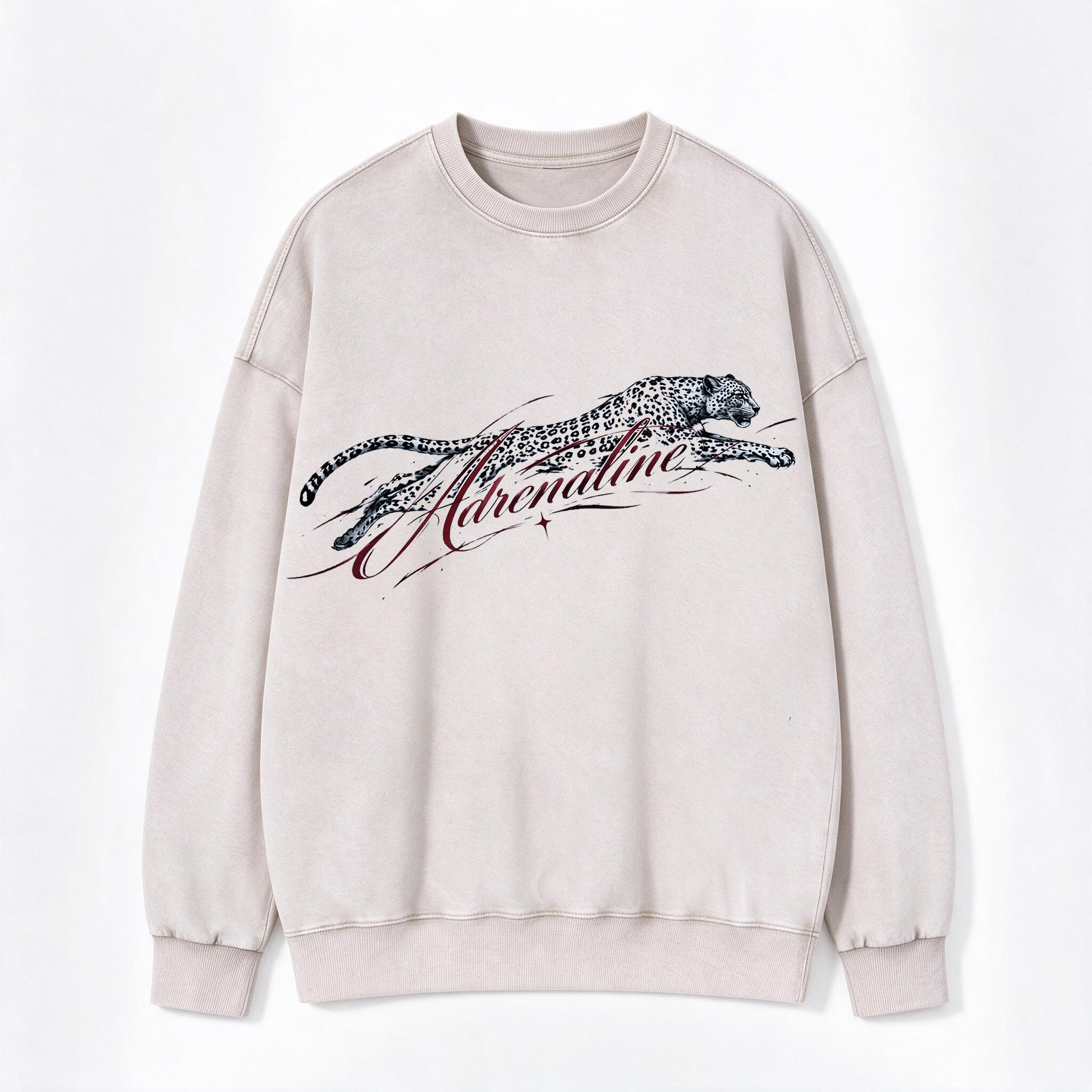 Vintage Adrenaline Leaping Cheetah Script Print Washed Crewneck Sweatshirt