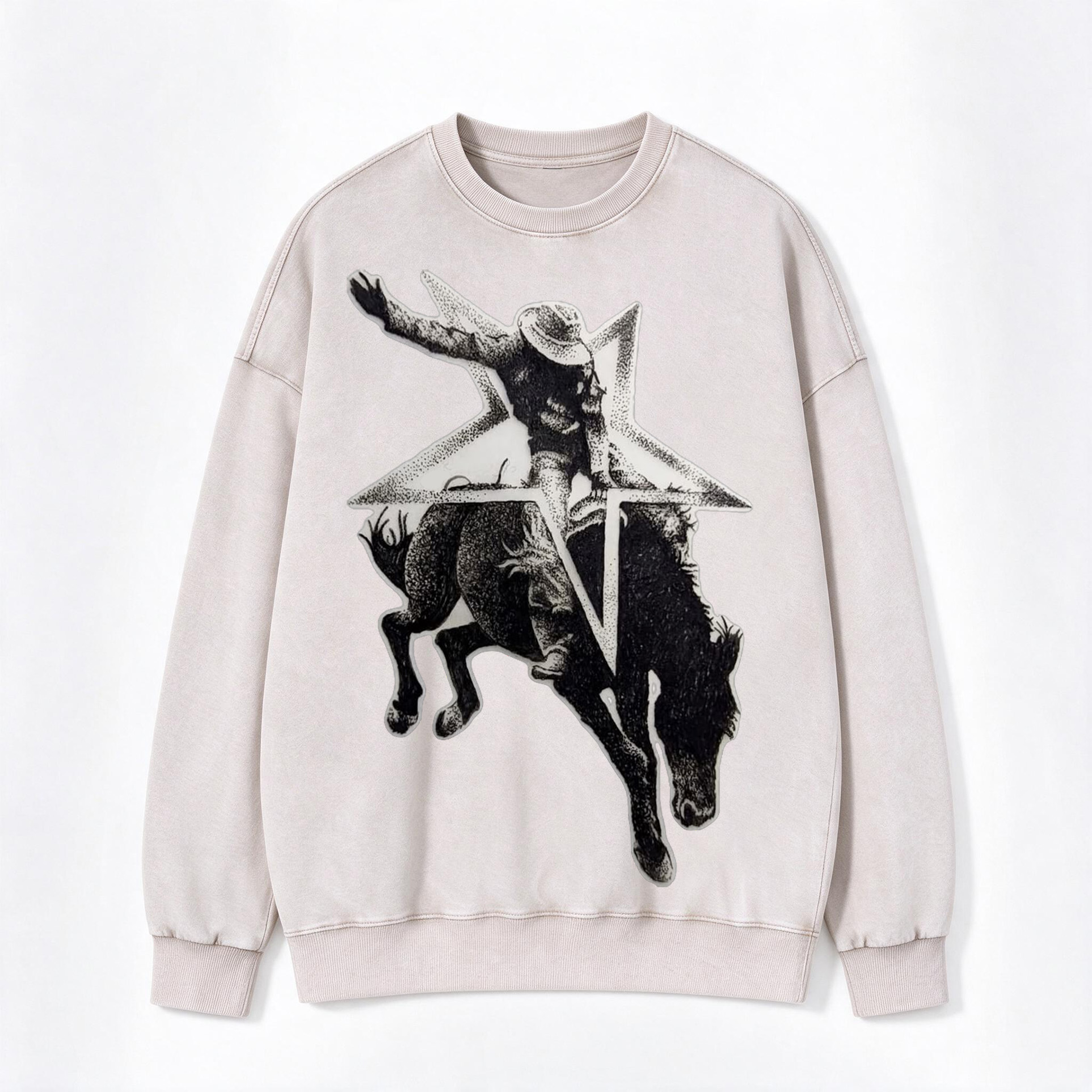 Retro Western Star Bucking Bronco Cowboy Print Washed Crewneck Sweatshirt