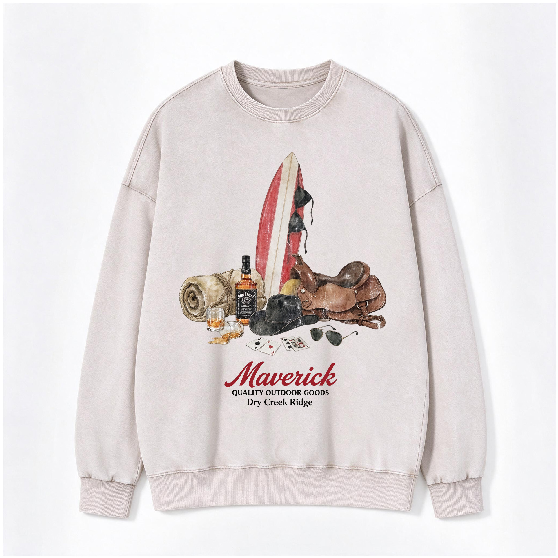 Retro Western Maverick Surf Cowboy Gear Print Washed Crewneck Sweatshirt