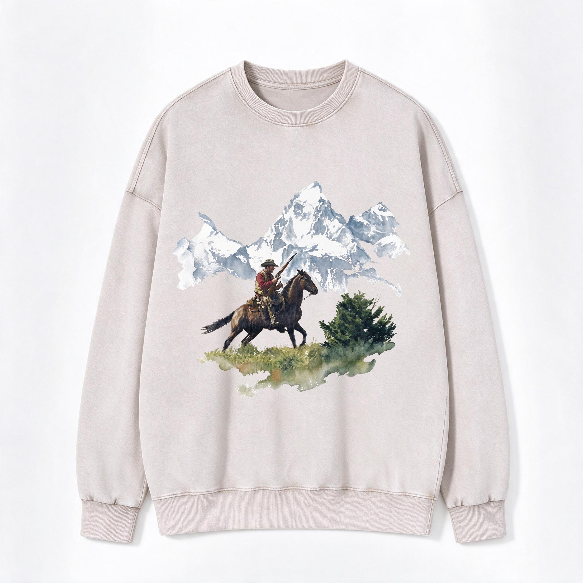 Retro Western Mountain Hunter Cowboy Landscape Print Washed Crewneck Sweatshirt