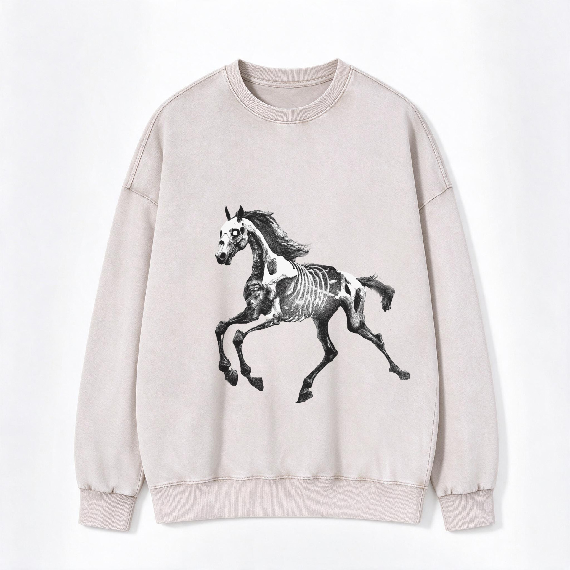 Retro Western Skeleton Horse Galloping Print Washed Crewneck Sweatshirt