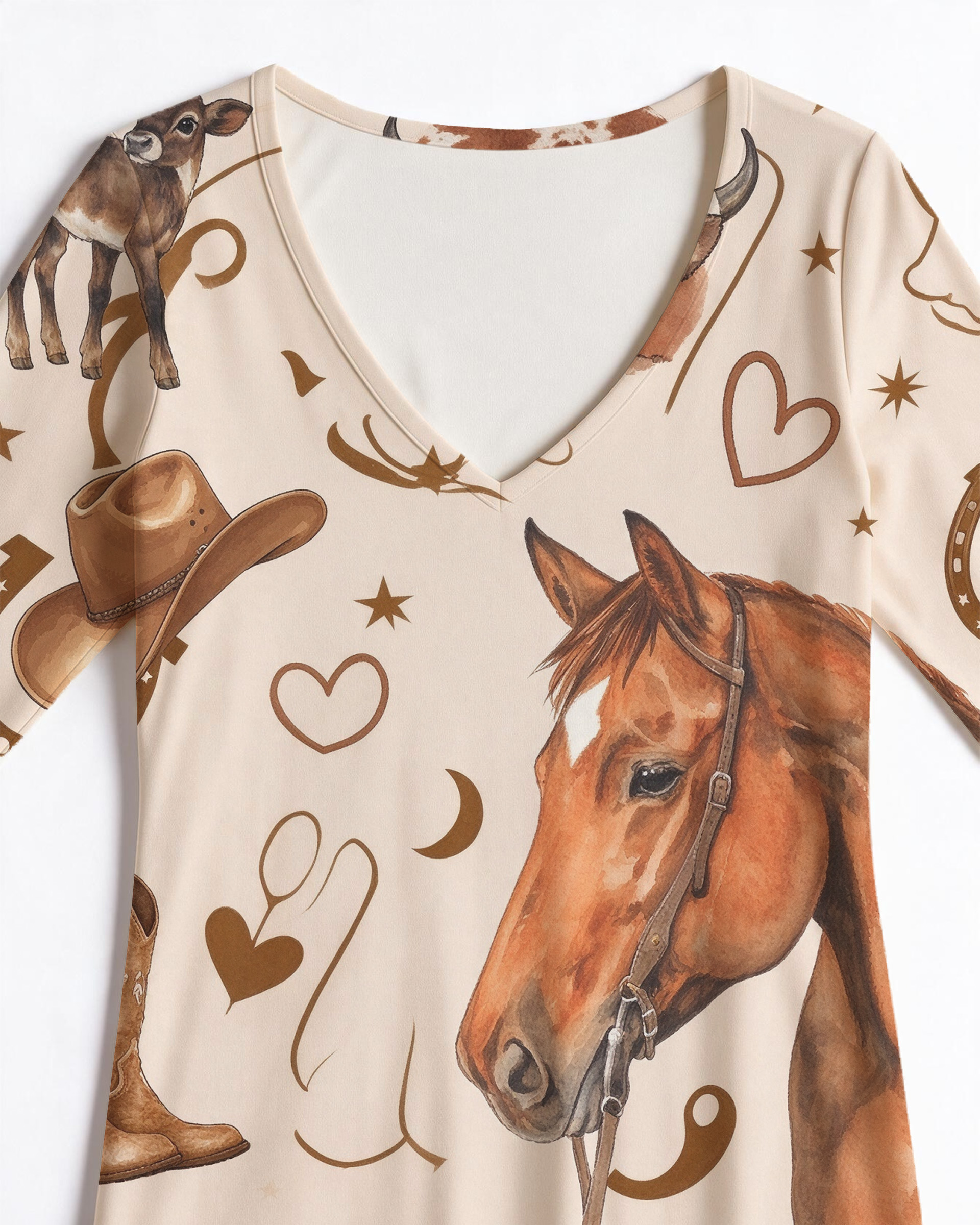 Horse-headed longhorn Western V-Neck Printed Dress | Allover Print