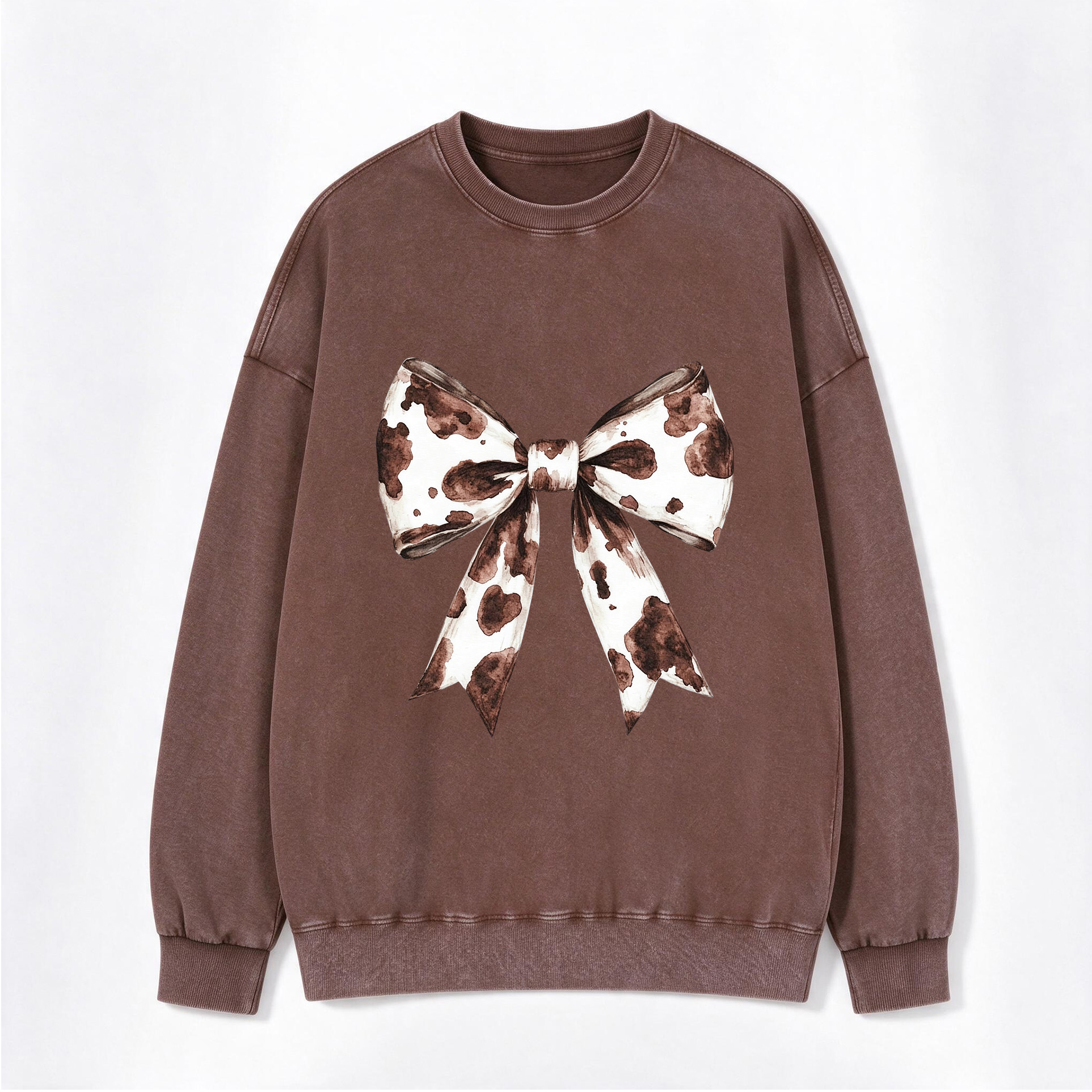 Vintage Western Cow Print Bow Back Print Washed Crewneck Sweatshirt