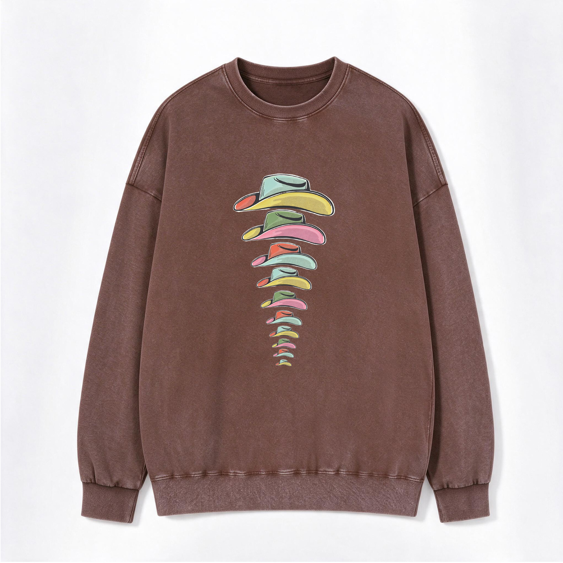 Vintage Rainbow Cowboy Hat Stack Print Washed Crewneck Sweatshirt