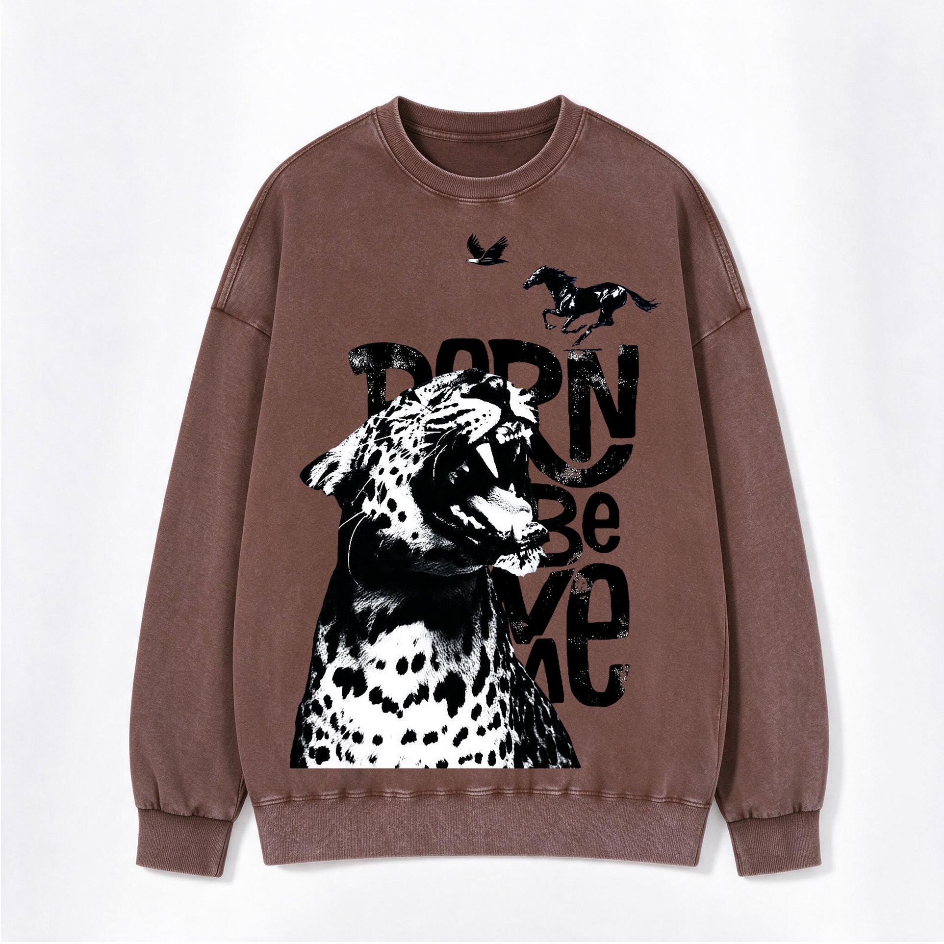 Born Wild Leopard Horse Eagle Print Washed Crewneck Sweatshirt