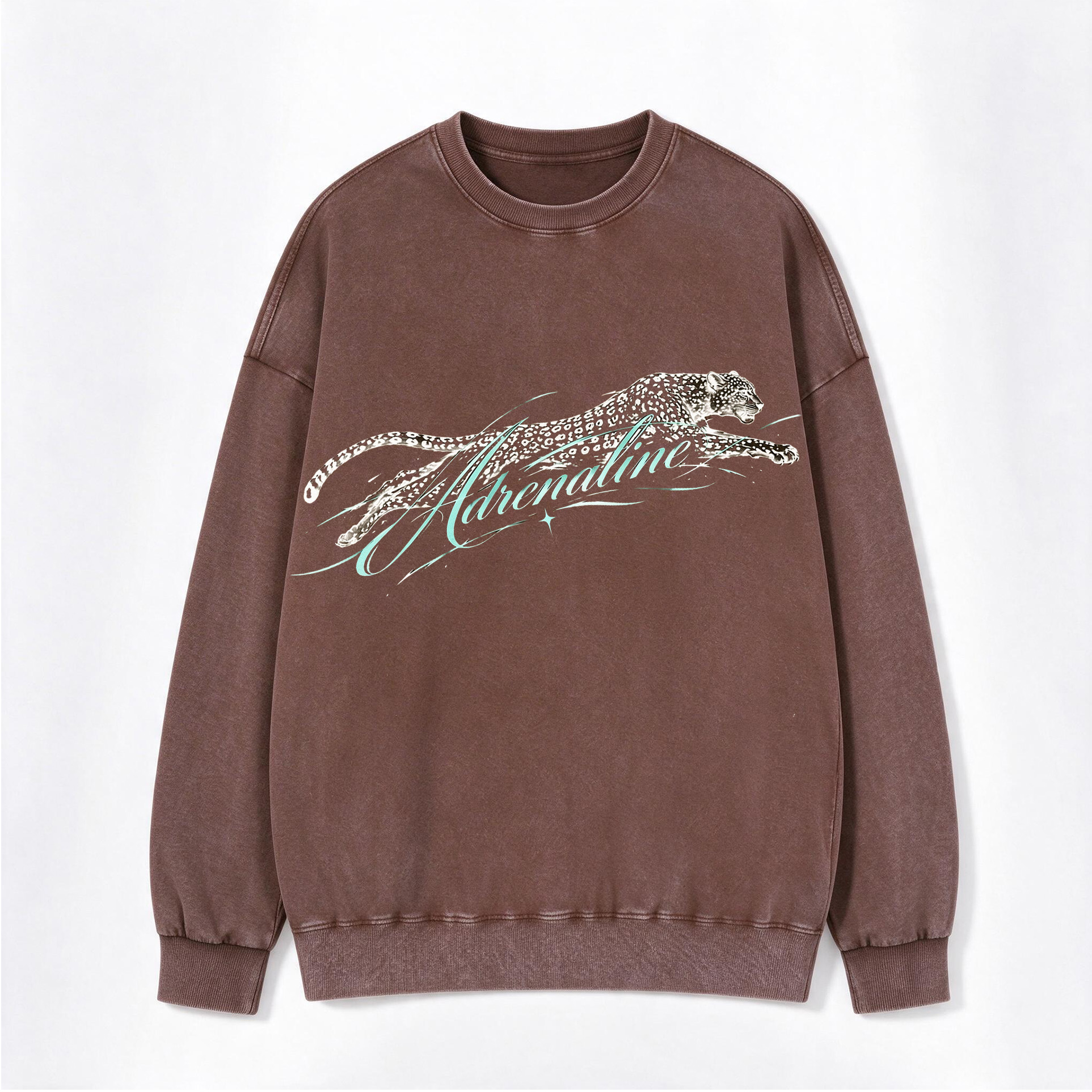 Vintage Adrenaline Leaping Cheetah Script Print Washed Crewneck Sweatshirt
