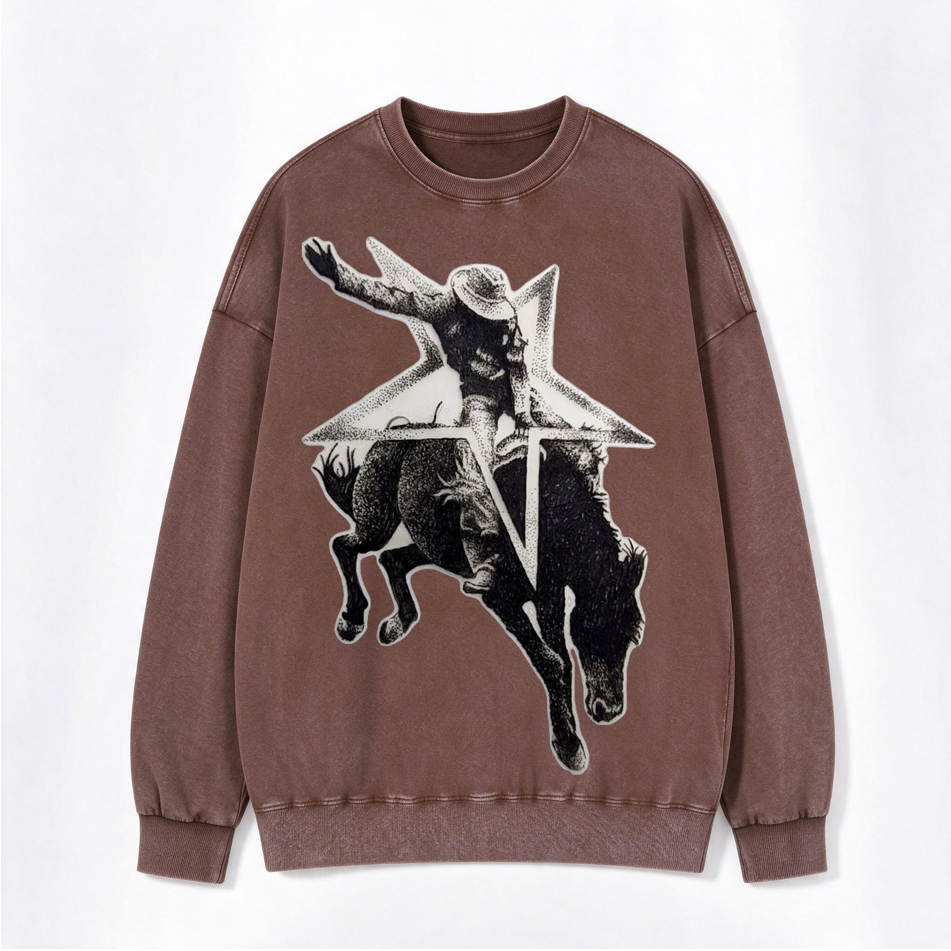 Retro Western Star Bucking Bronco Cowboy Print Washed Crewneck Sweatshirt