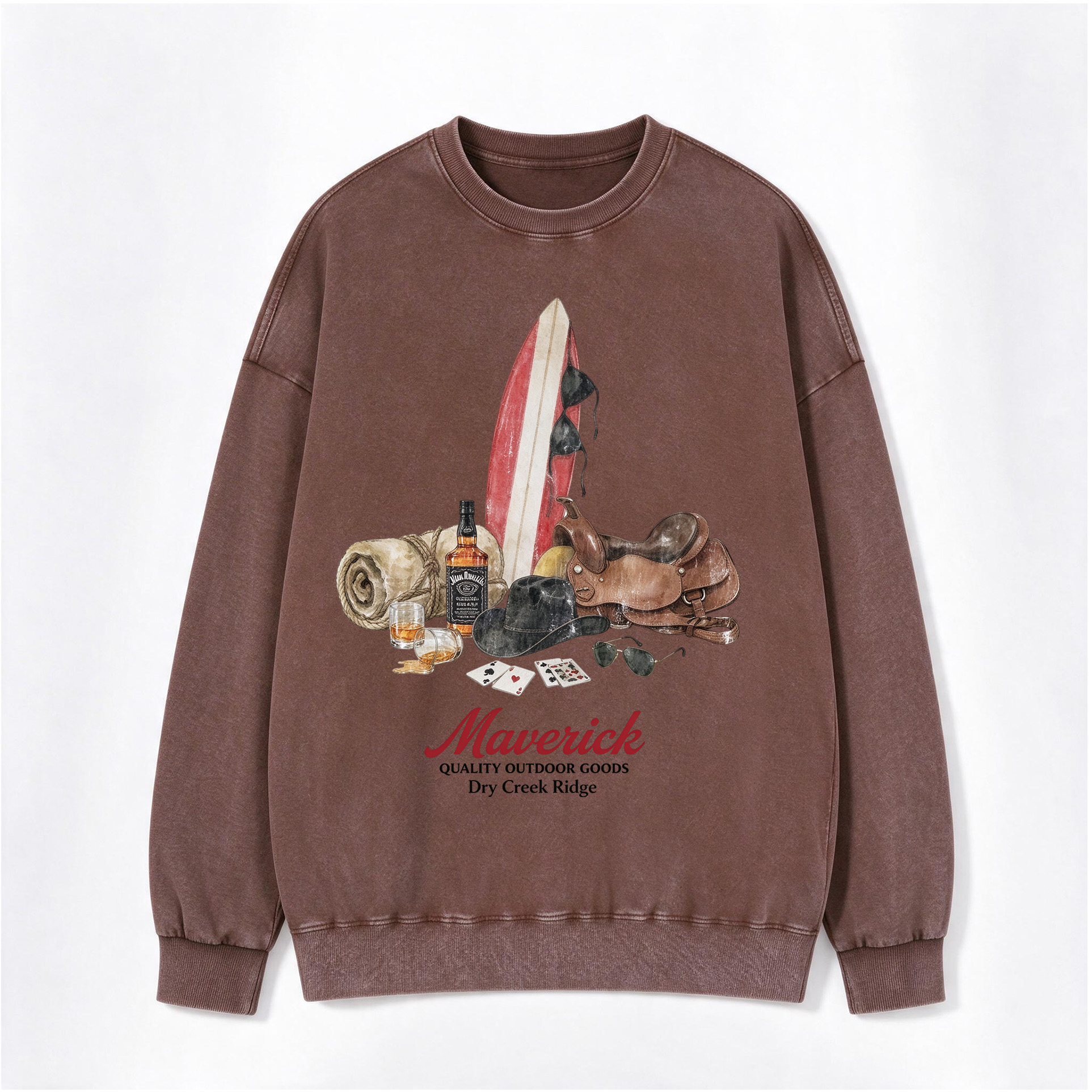 Retro Western Maverick Surf Cowboy Gear Print Washed Crewneck Sweatshirt