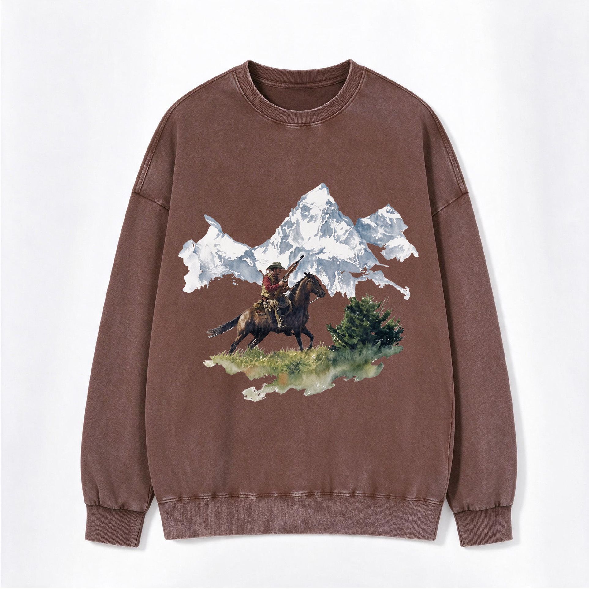 Retro Western Mountain Hunter Cowboy Landscape Print Washed Crewneck Sweatshirt