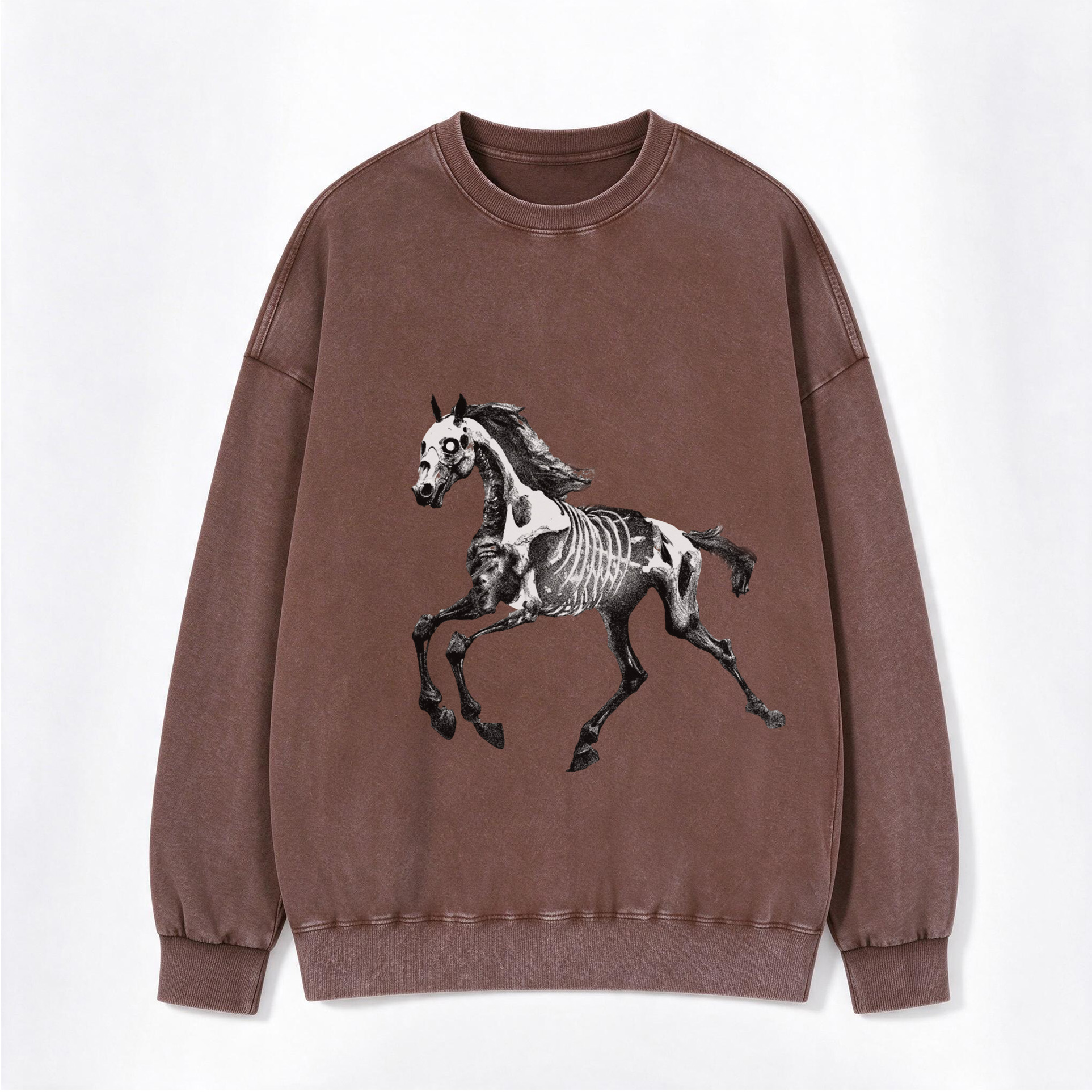 Retro Western Skeleton Horse Galloping Print Washed Crewneck Sweatshirt