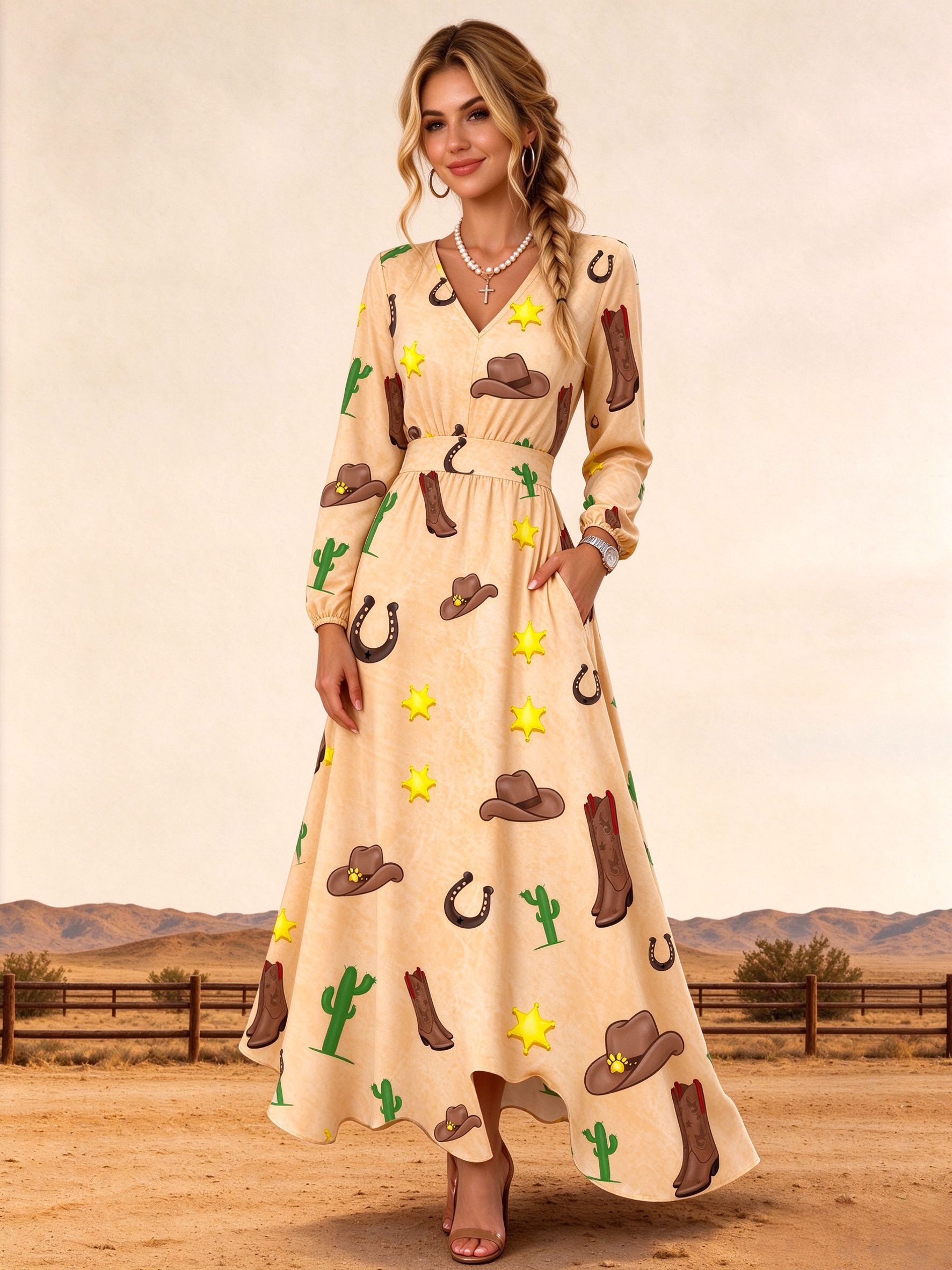 Vintage Wild West Star Horseshoe Print V-Neck Long Sleeve Maxi Dress
