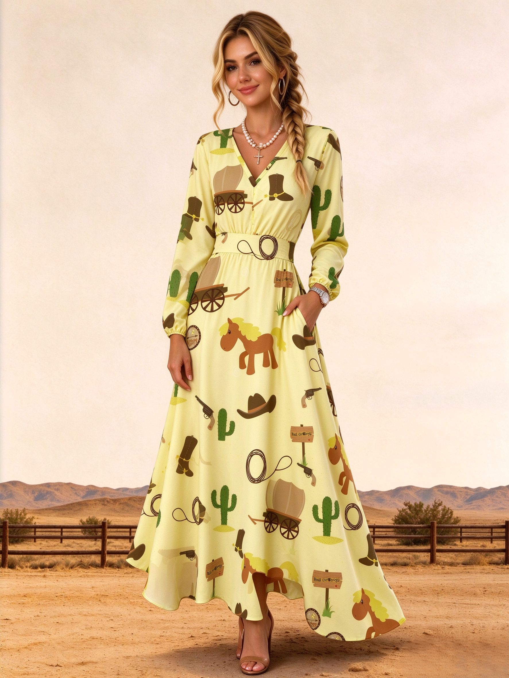 Cartoon Western Horse Wagon Print V Neck Long Sleeve Elastic Waist Maxi Dress