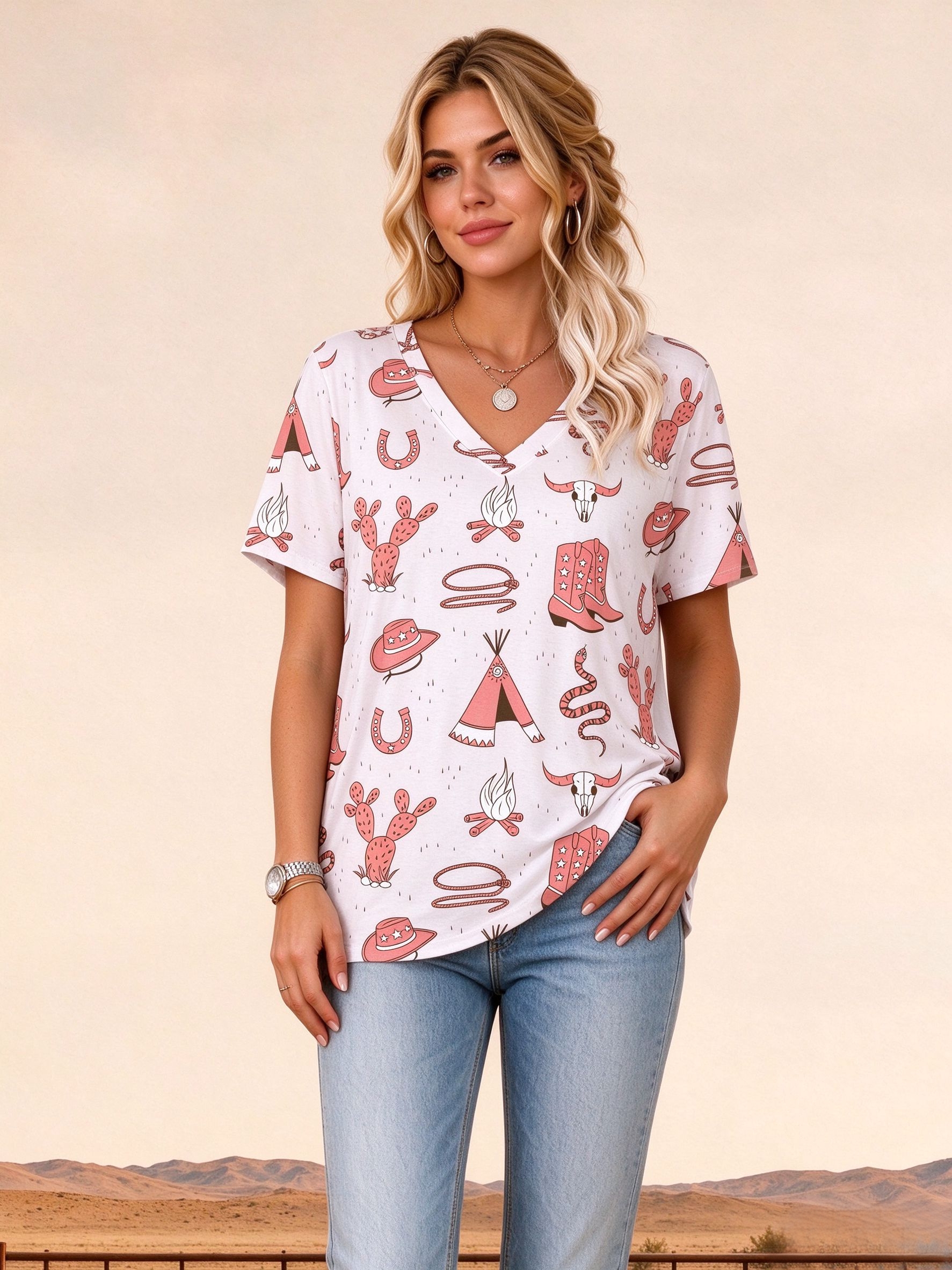 Pink Cowgirl Boot Graphic Short Sleeve Casual Tops