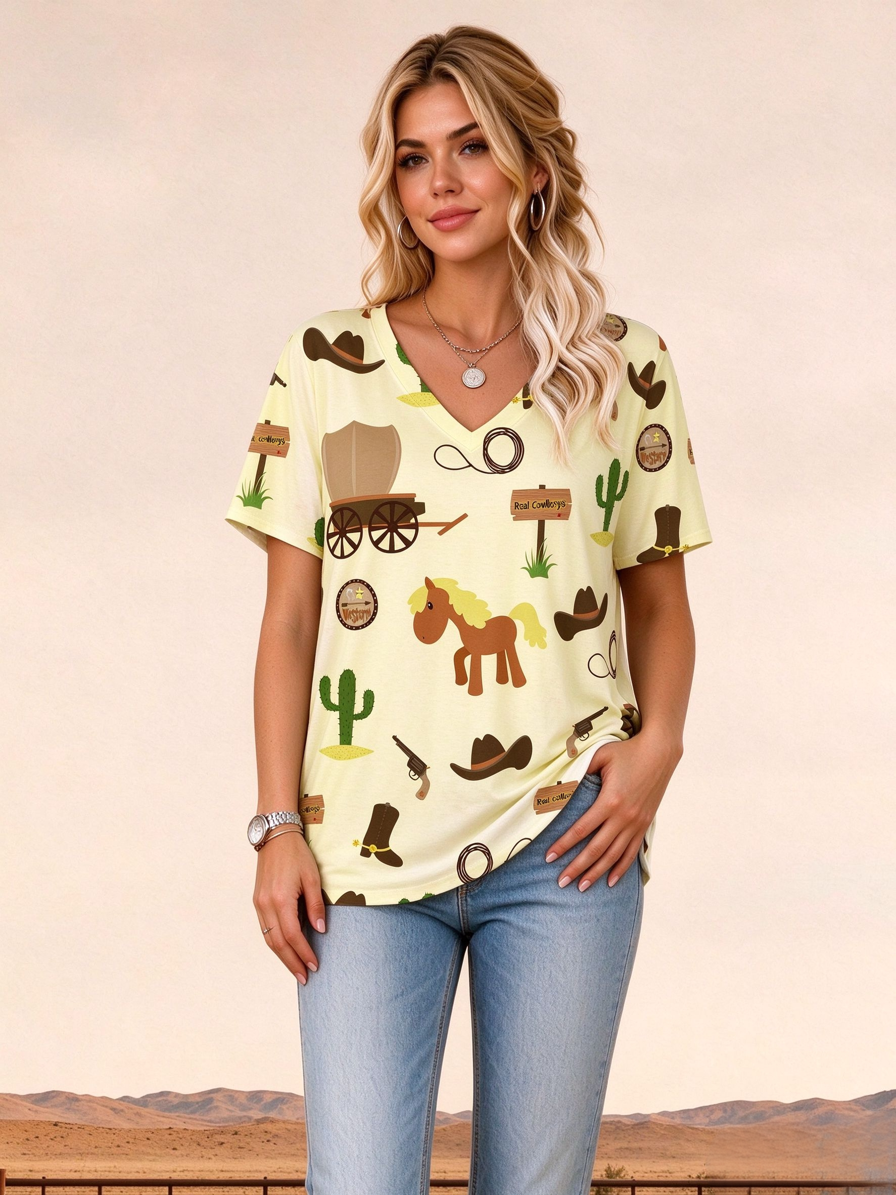 Western Vintage Wagon Horse Cowboy Element V-Neck Short Sleeve Top