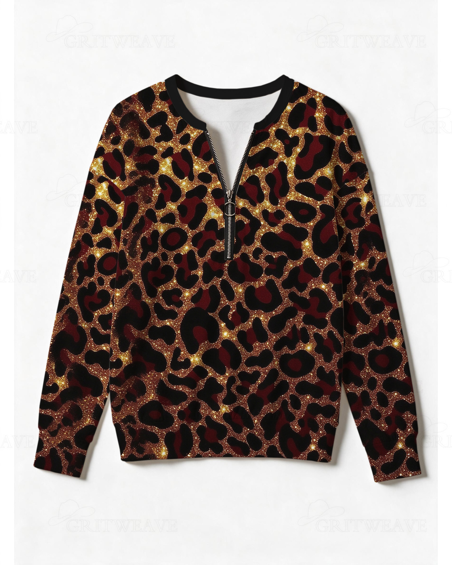 Burgundy Gold Glitter Leopard Print Half Zip Sweatshirt, Western Cowgirl Sparkly Animal Print Long Sleeve Top