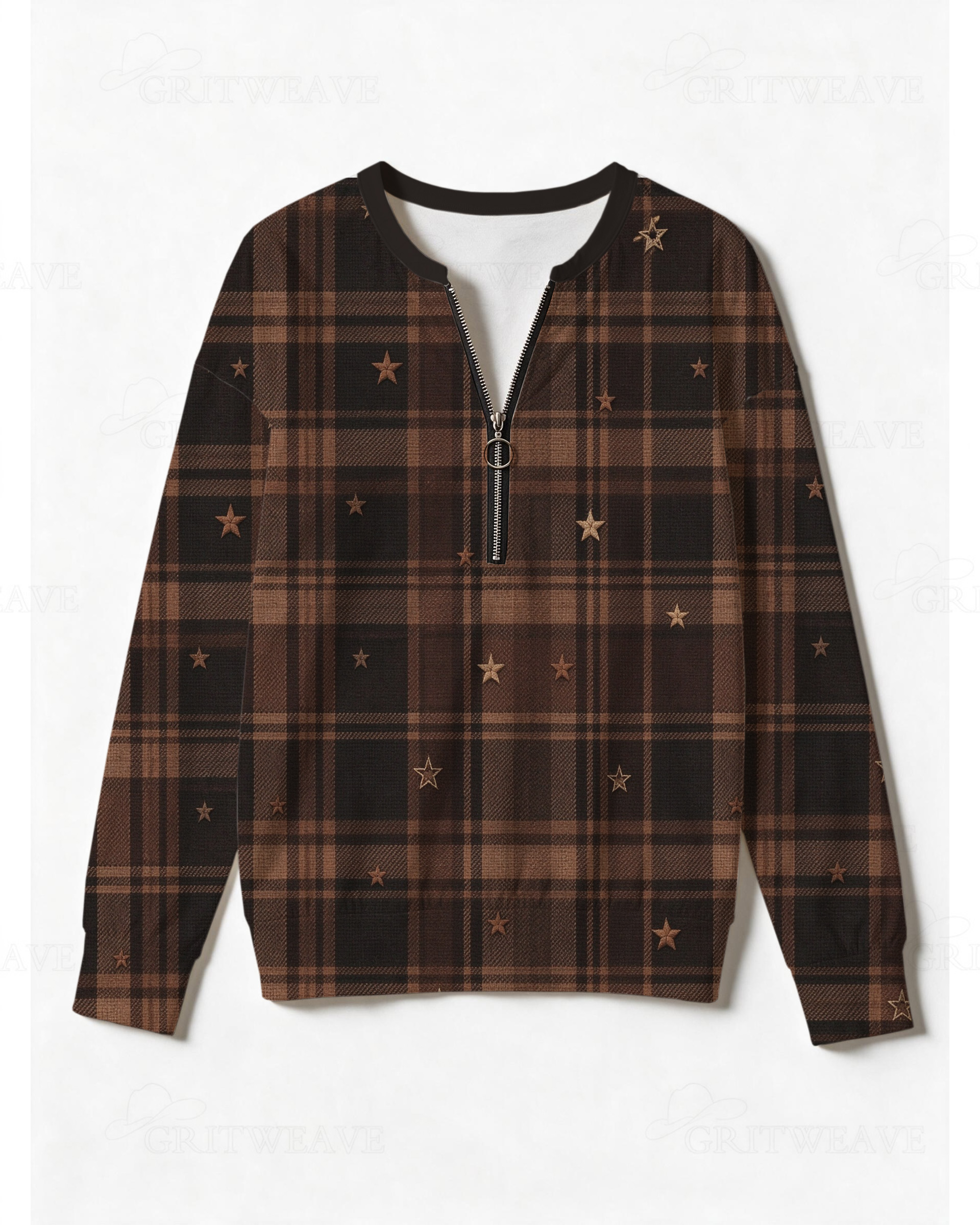 Brown Plaid Star Print Half Zip Sweatshirt, Western Cowgirl Tartan Check Star Graphic Long Sleeve Top