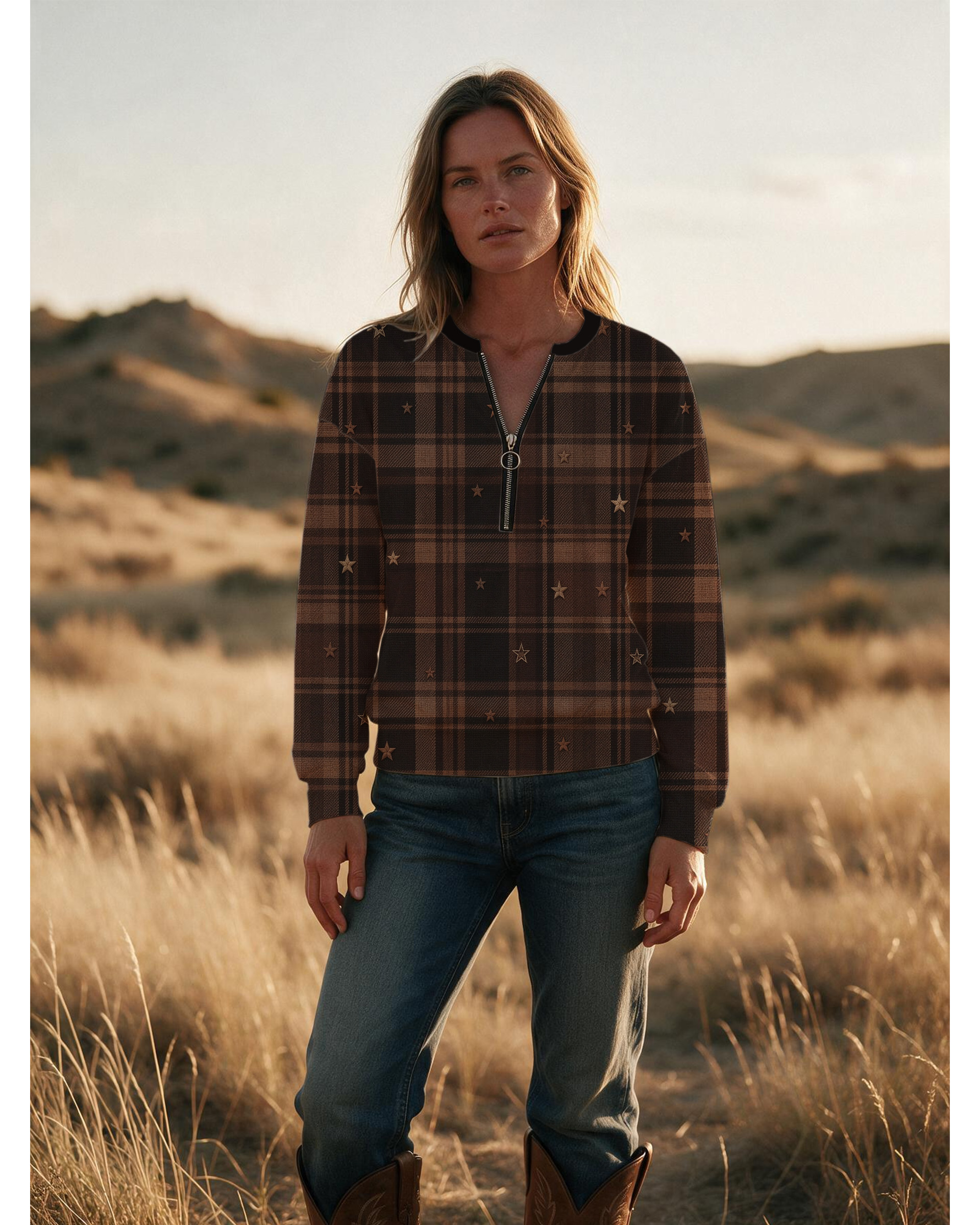 Brown Plaid Star Print Half Zip Sweatshirt, Western Cowgirl Tartan Check Star Graphic Long Sleeve Top
