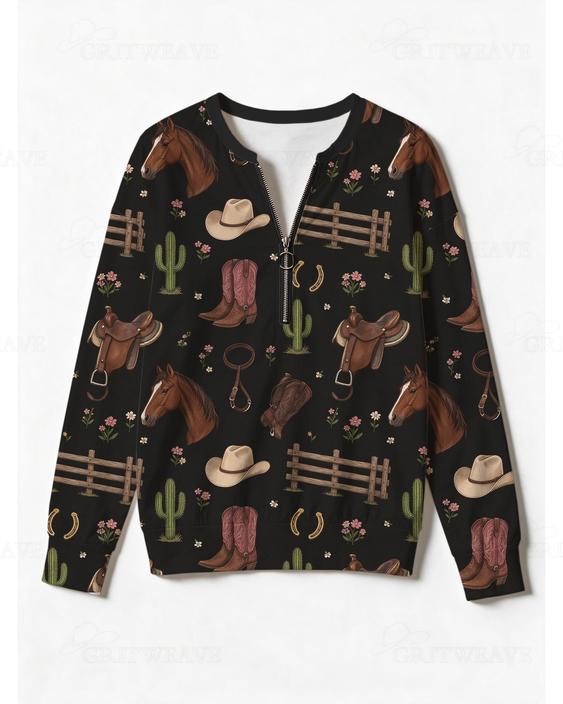 Women’s Ranch Horse & Saddle Print Half Zip Sweatshirt, Western Cowgirl Equestrian Graphic Long Sleeve Top
