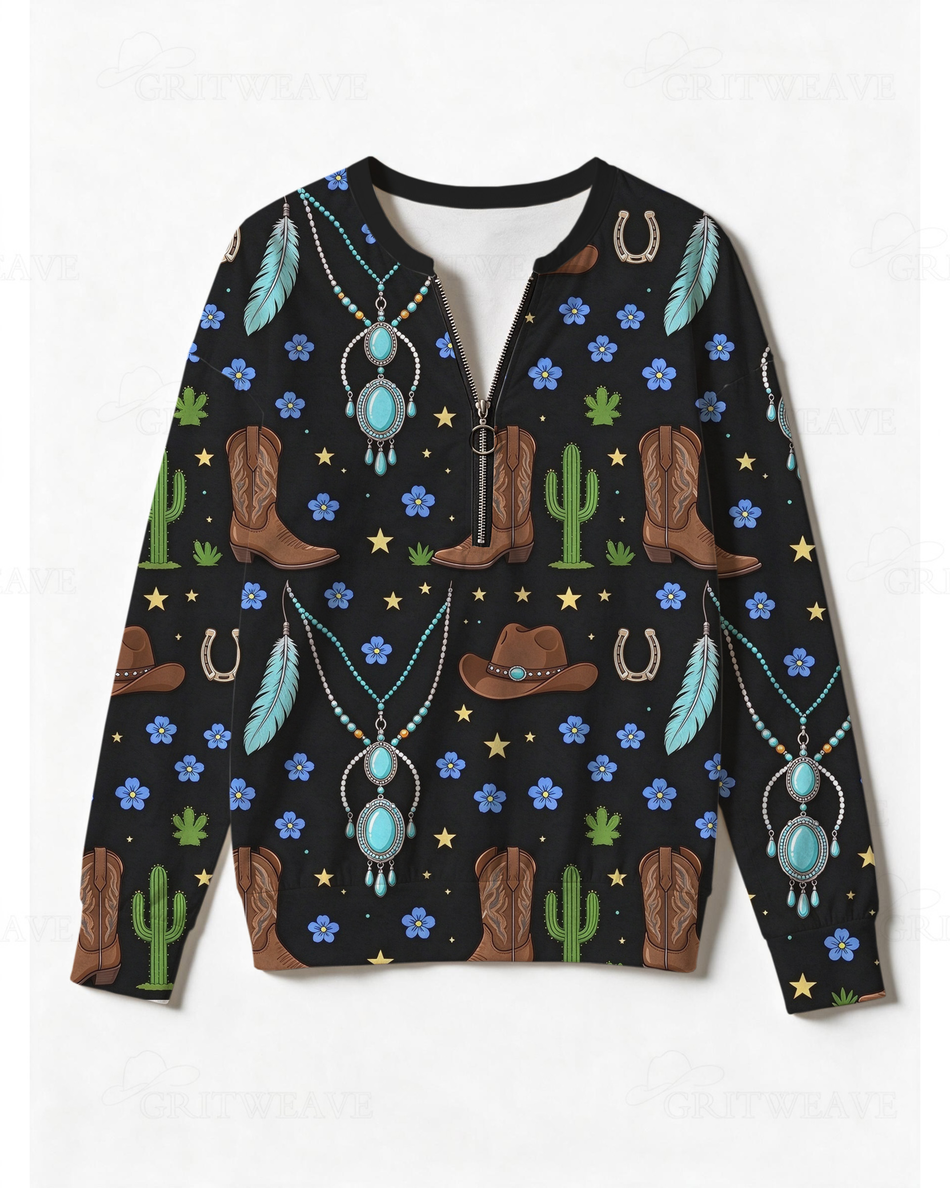 Women’s Boho Western Turquoise Jewelry Print Half Zip Sweatshirt, Cowboy Boot & Feather Graphic Long Sleeve Top