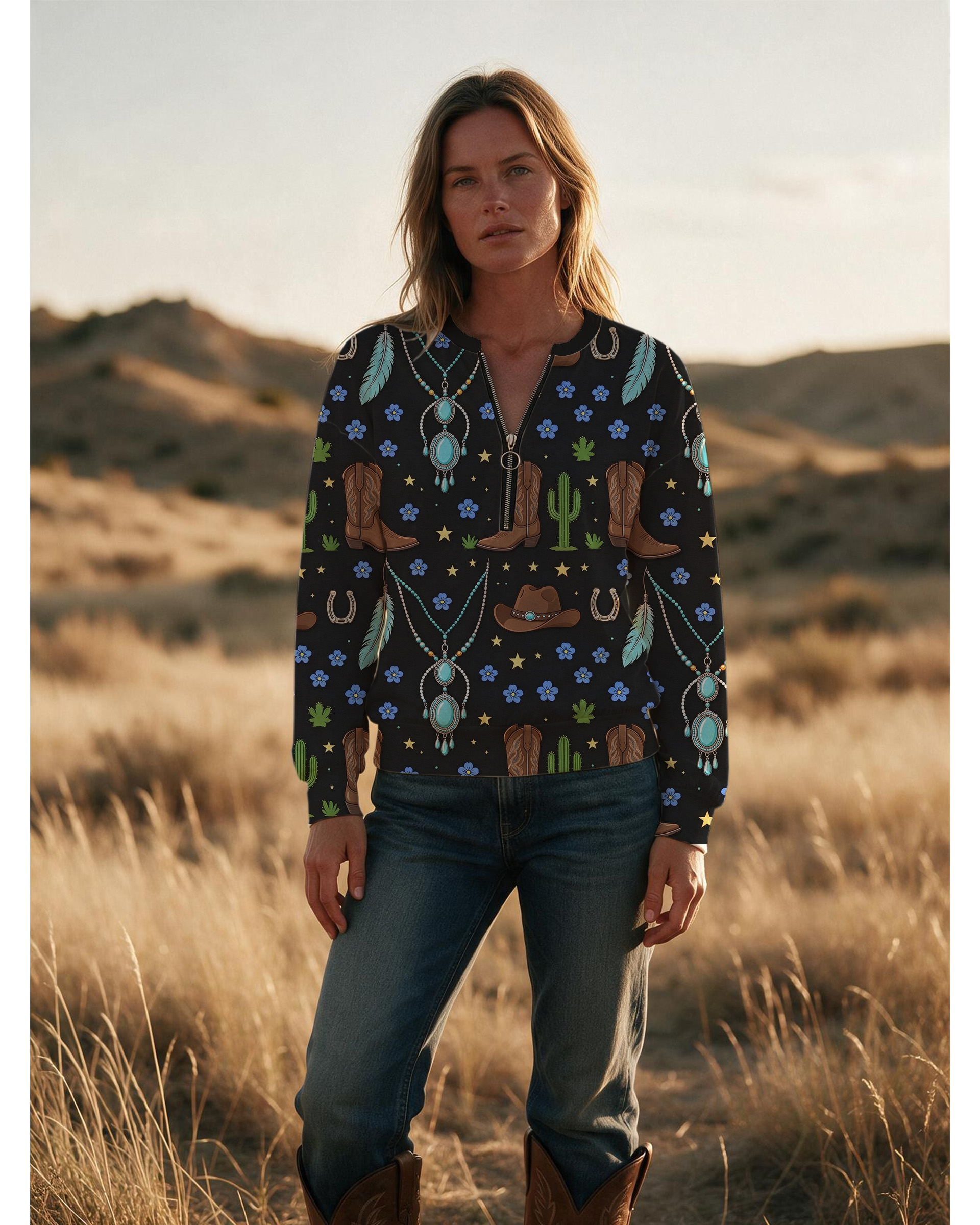 Women’s Boho Western Turquoise Jewelry Print Half Zip Sweatshirt, Cowboy Boot & Feather Graphic Long Sleeve Top