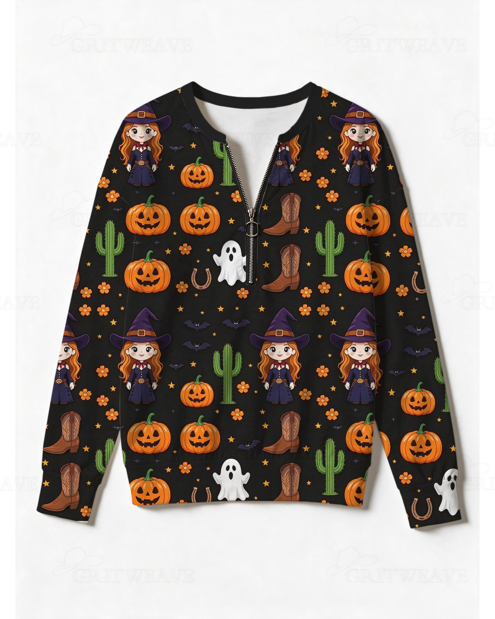 Women’s Western Halloween Witch Pumpkin Print Half Zip Sweatshirt, Cowboy Ghost Cactus Graphic Long Sleeve Top