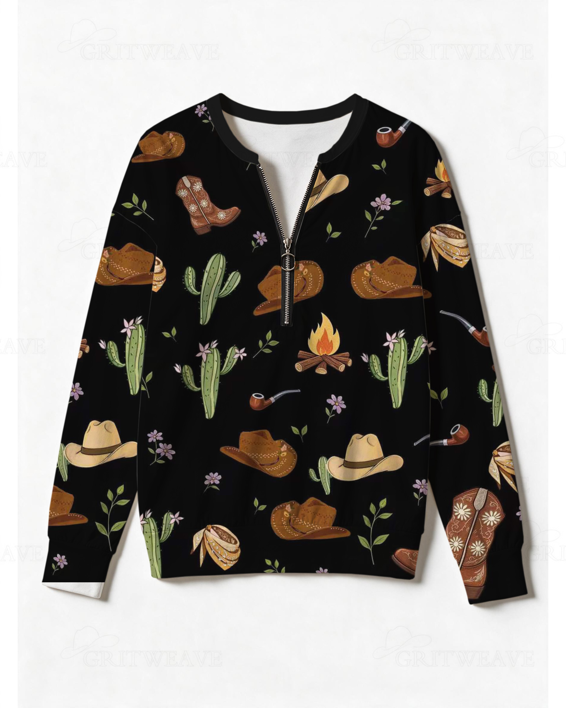 Western Campfire Cowboy Hat Print Half Zip Sweatshirt, Cowboy Boot Cactus Graphic Long Sleeve Top