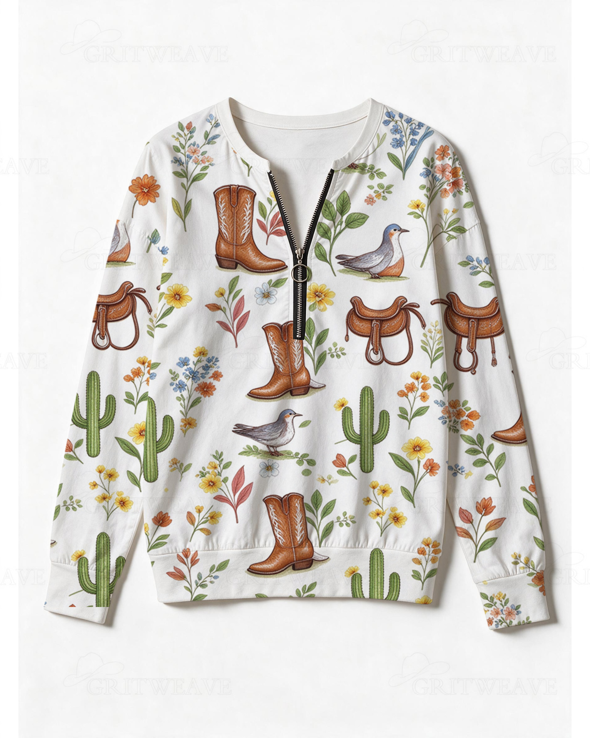 Western Wildflower Bird Print Half Zip Sweatshirt, Cowboy Boot Saddle Cactus Graphic Long Sleeve Top