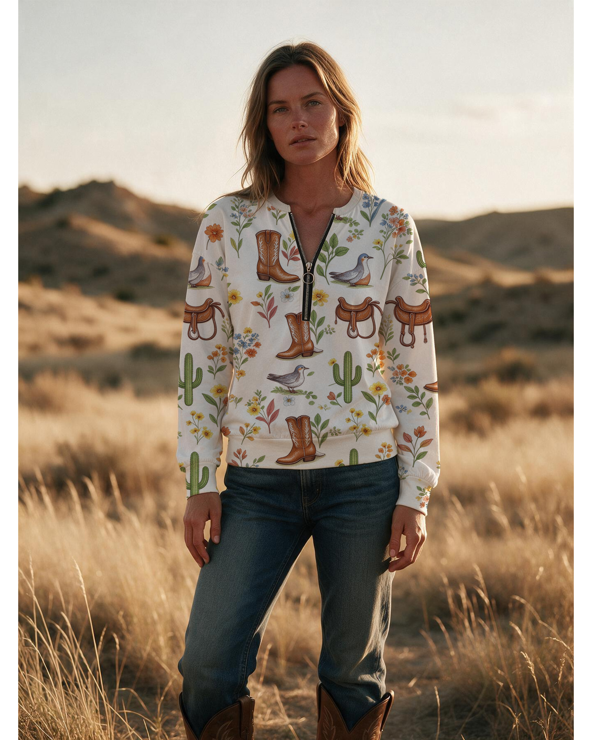 Western Wildflower Bird Print Half Zip Sweatshirt, Cowboy Boot Saddle Cactus Graphic Long Sleeve Top