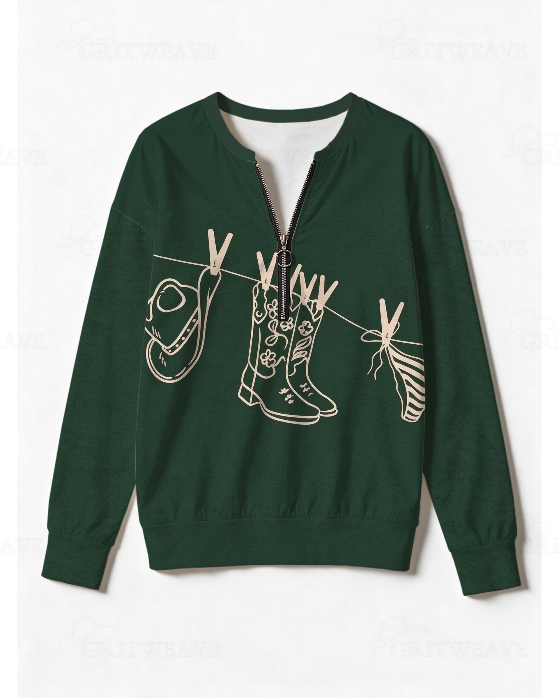 Minimal Line Art Cowboy Boot Half Zip Sweatshirt, Western Clothesline Graphic Long Sleeve Top