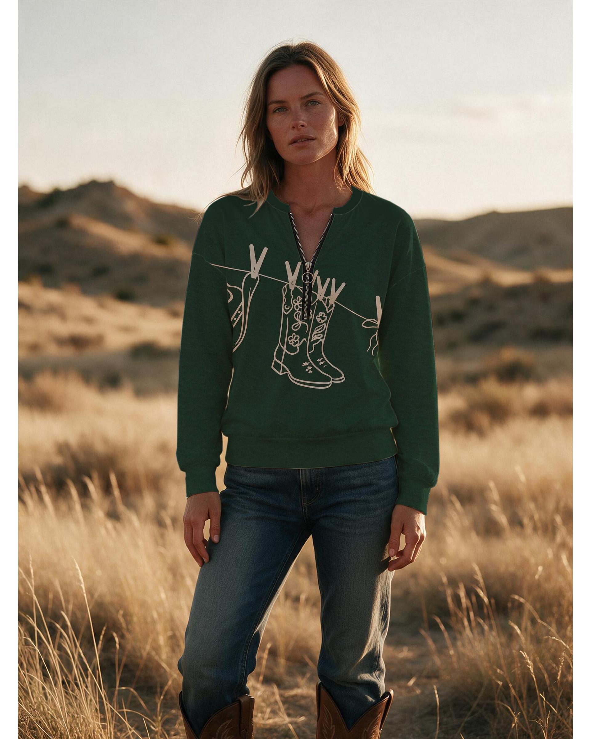 Minimal Line Art Cowboy Boot Half Zip Sweatshirt, Western Clothesline Graphic Long Sleeve Top