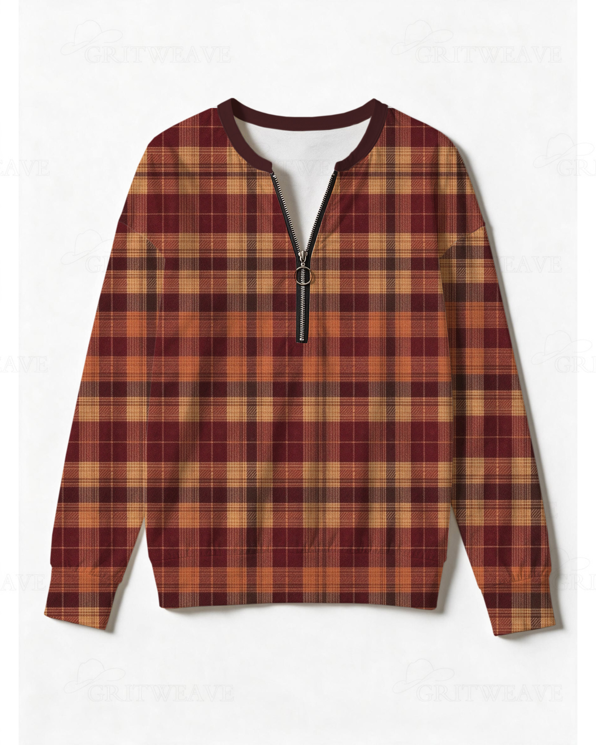 Fall Plaid Half Zip Sweatshirt, Vintage Western Tartan Checkered Long Sleeve Pullover Top
