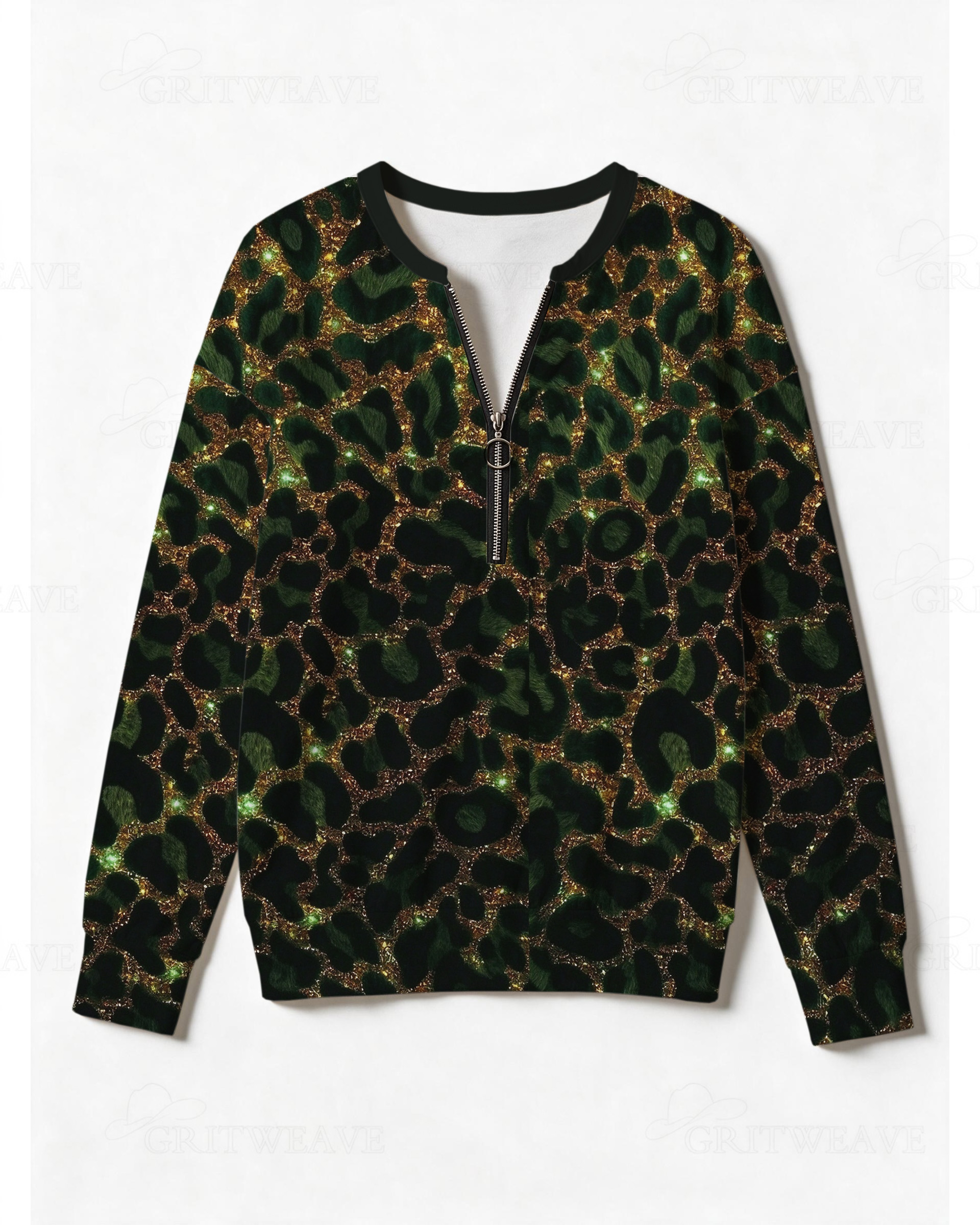 Glitter Green Leopard Print Half Zip Sweatshirt, Western Cowgirl Sparkly Animal Print Long Sleeve Top