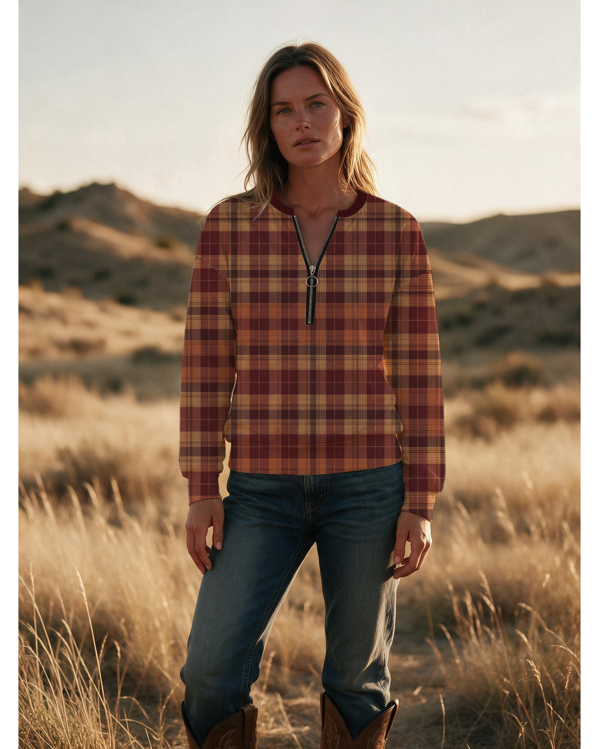 Fall Plaid Half Zip Sweatshirt, Vintage Western Tartan Checkered Long Sleeve Pullover Top