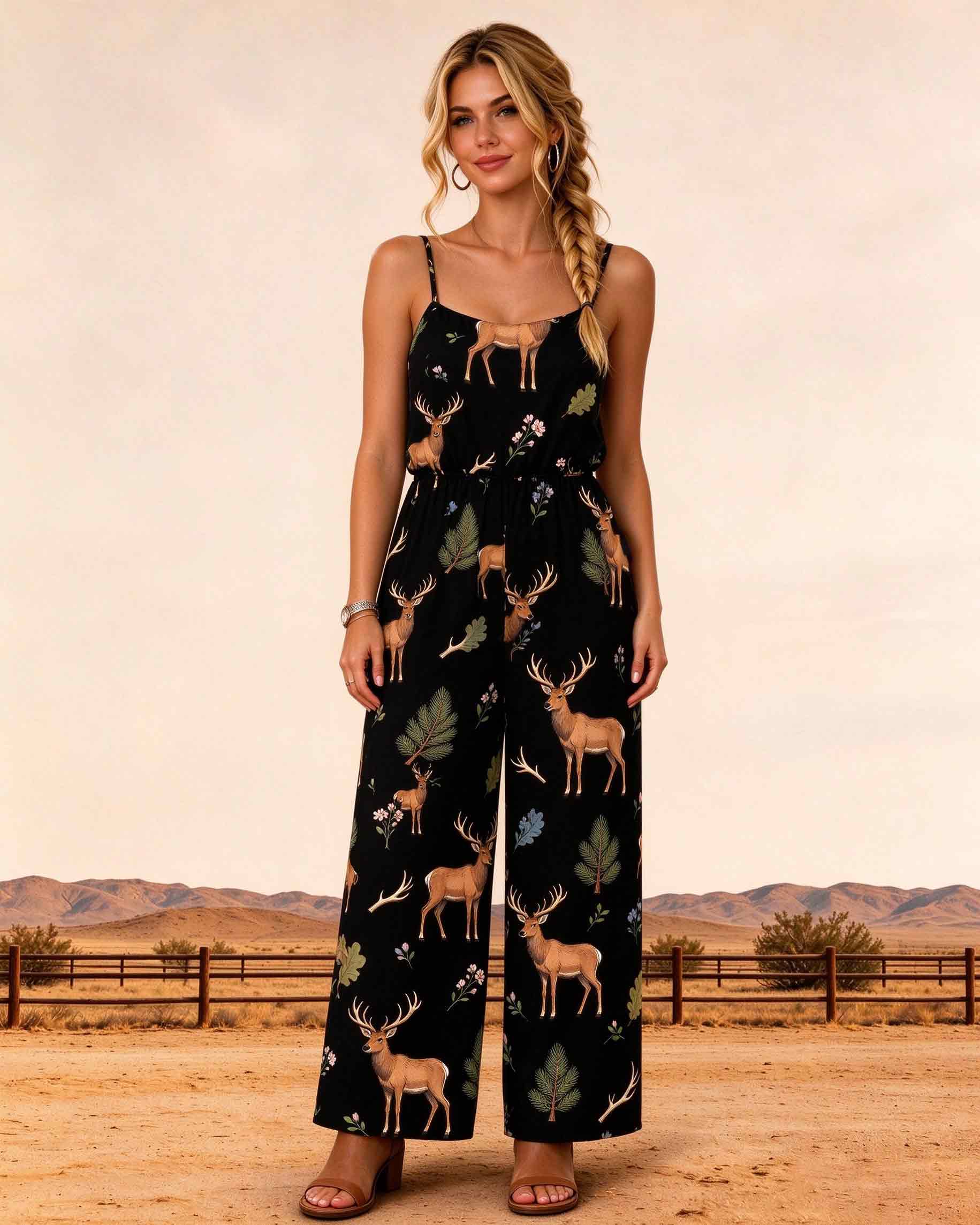 Empire Waist Casual Round Neck Deer & Forest Print Jumpsuit