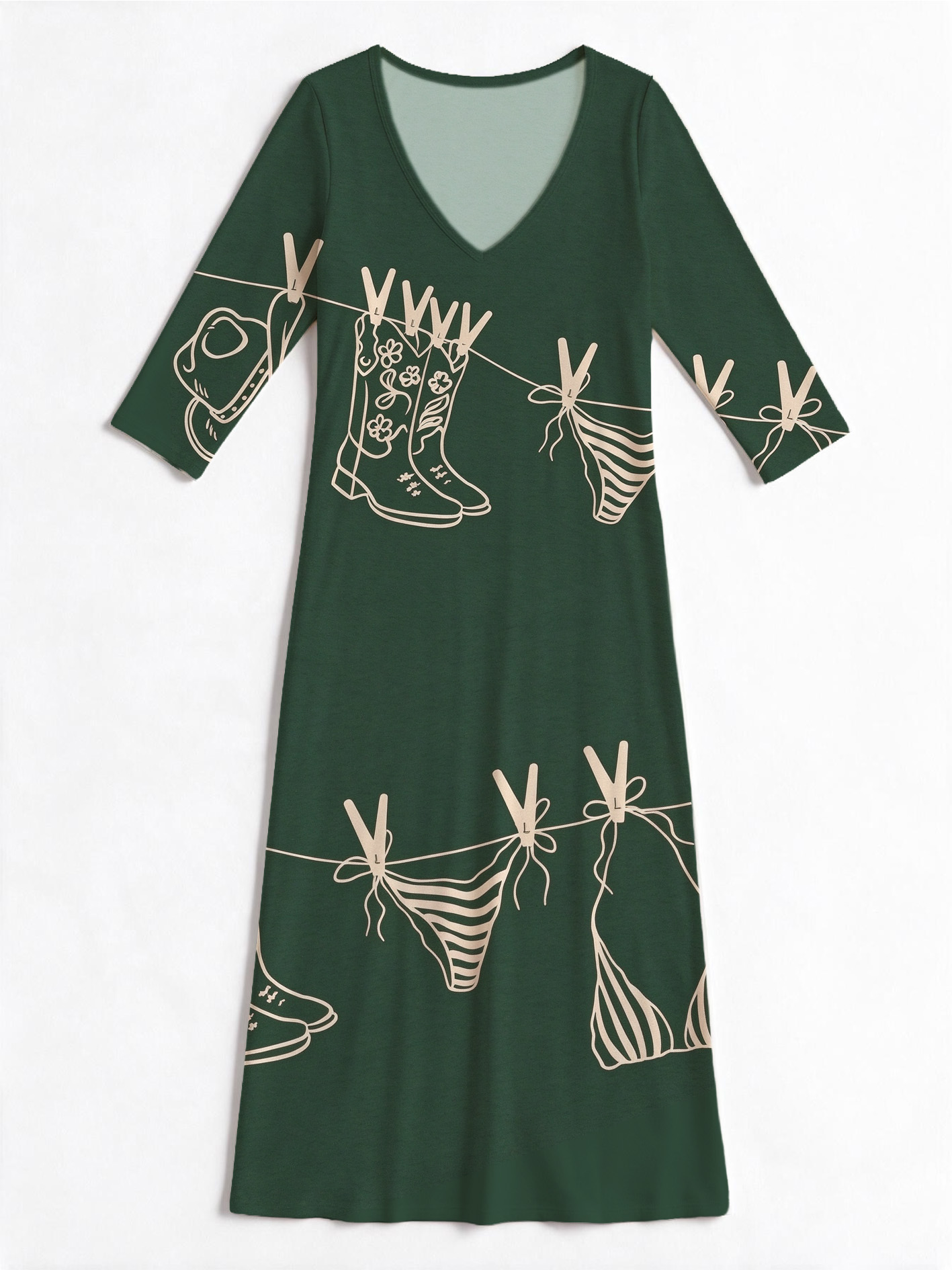 Novelty Coastal Cowgirl Clothesline Print V-neck Maxi Dress