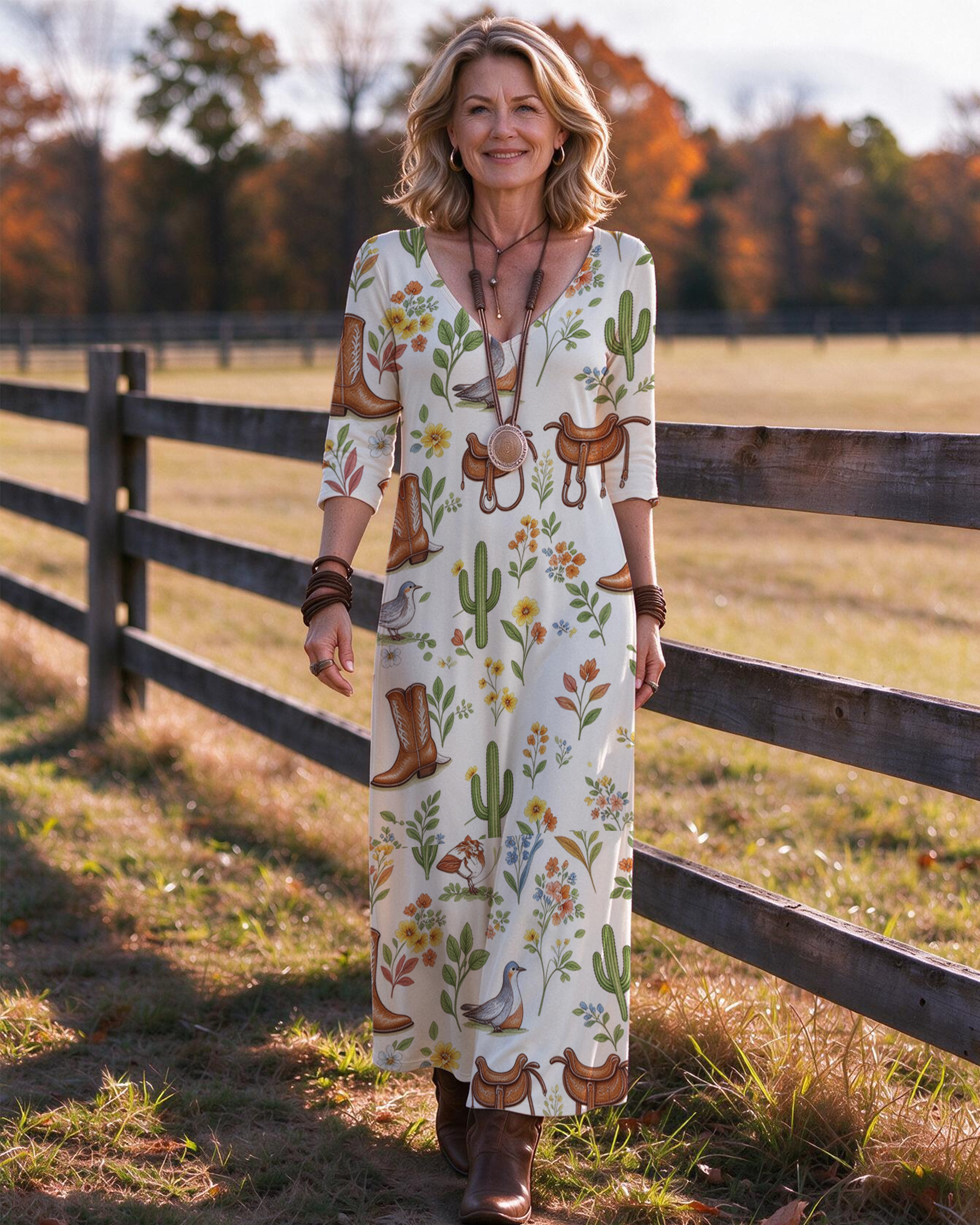 Desert Bloom V-Neck Three-Quarter Sleeve Dress