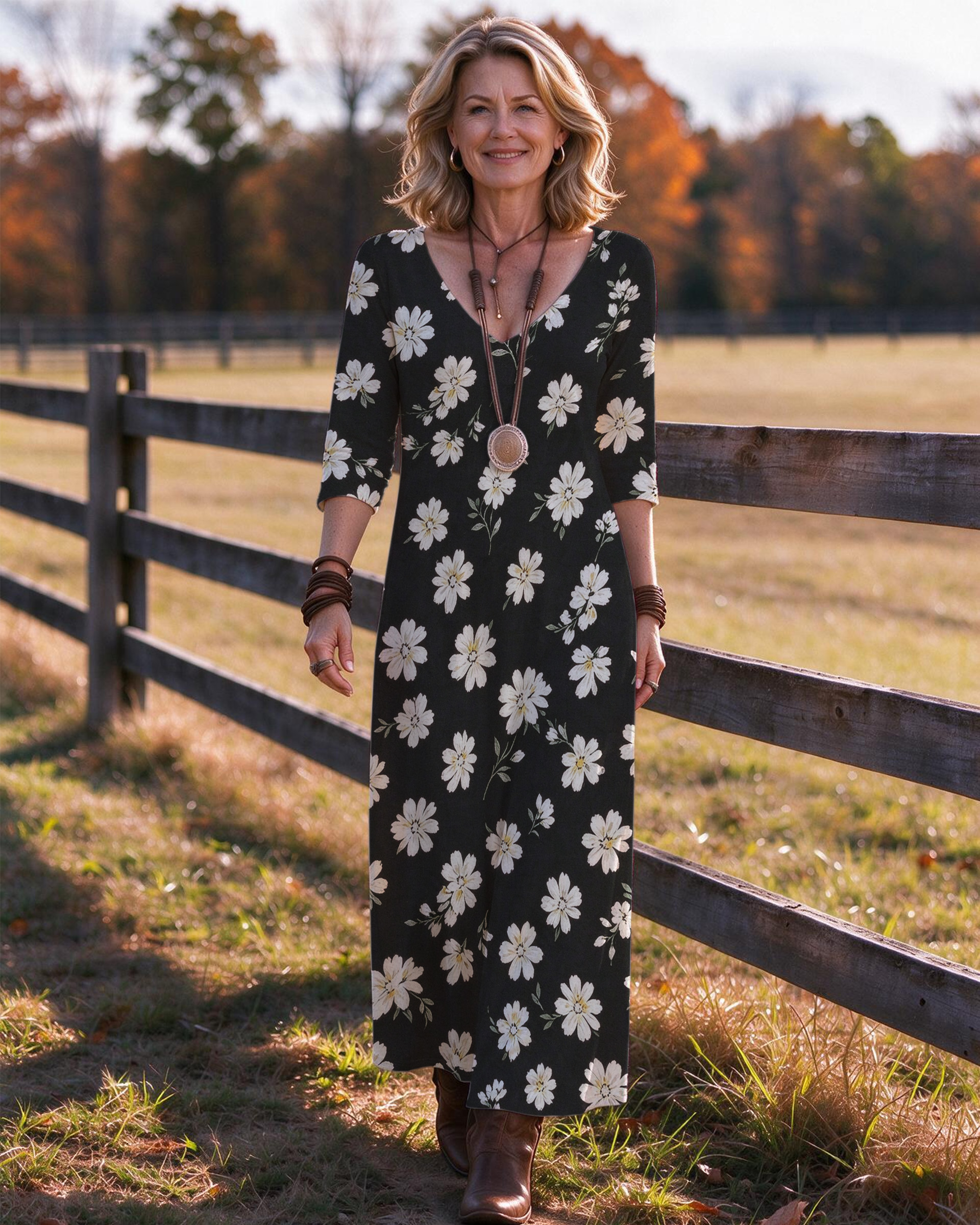White daisy floral pattern Western V-Neck Printed Dress | Allover Print