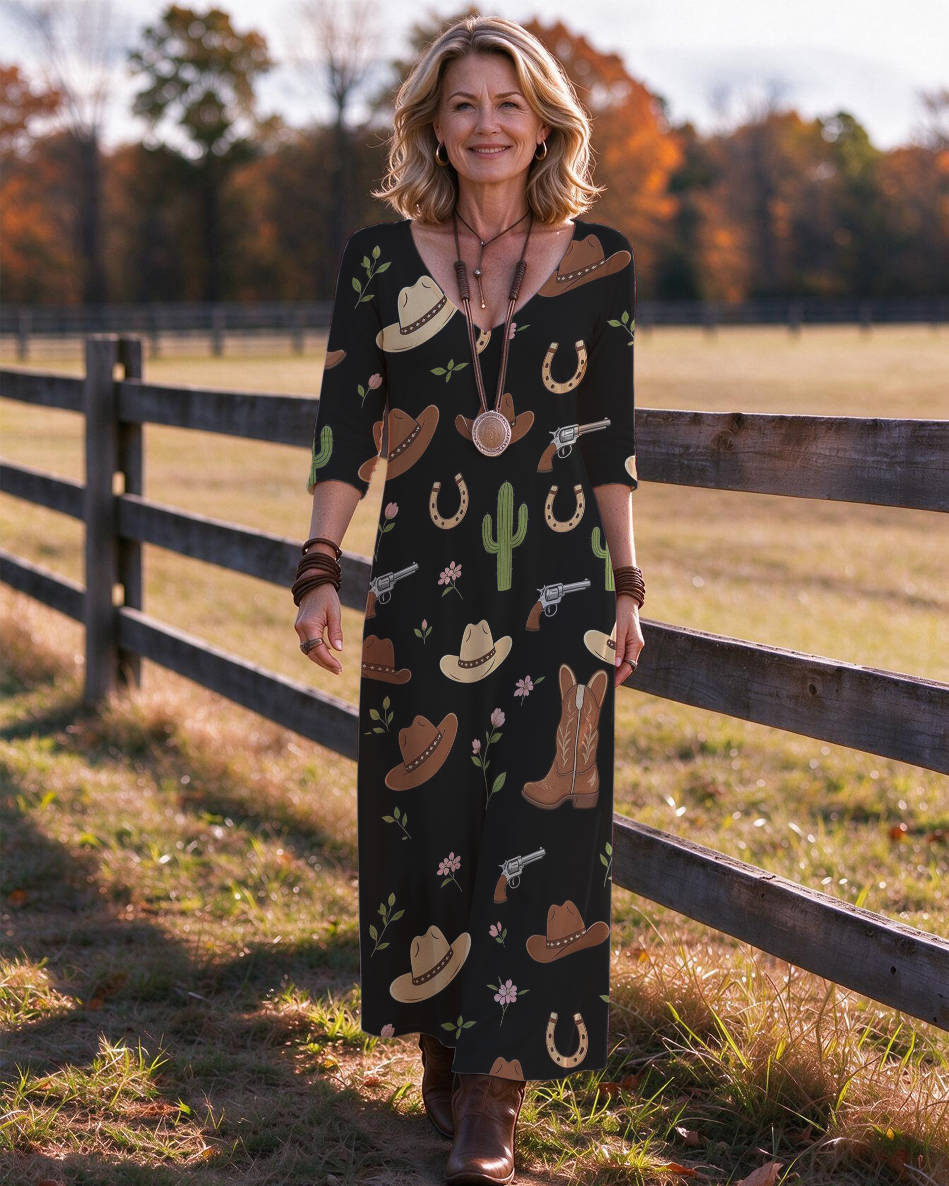 Midnight Outlaw V-Neck Three-Quarter Sleeve Dress