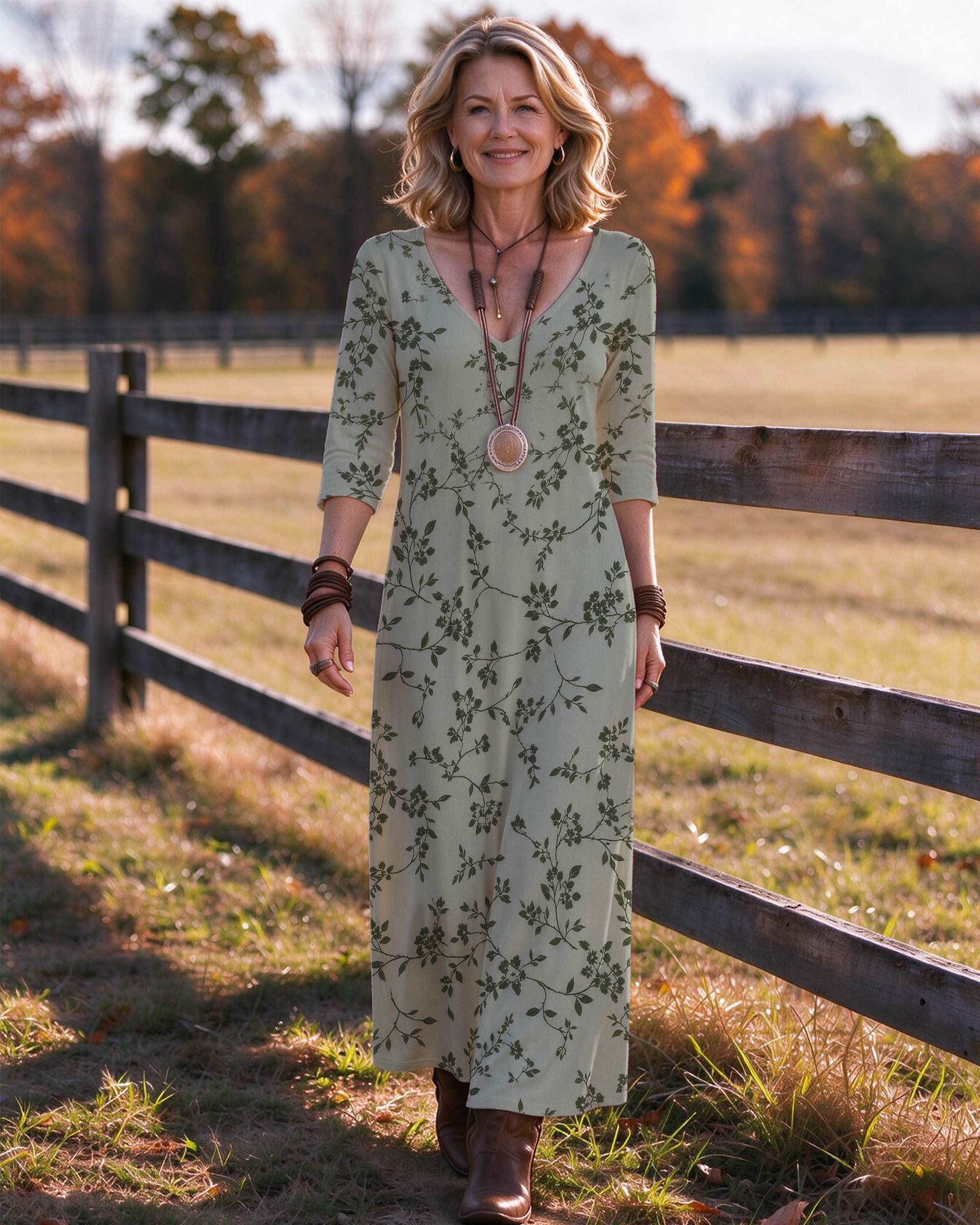 Sage green plant vine Western V-Neck Printed Dress | Allover Print