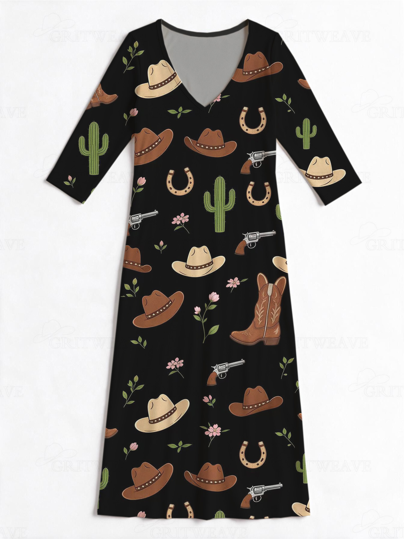 Midnight Outlaw V-Neck Three-Quarter Sleeve Dress