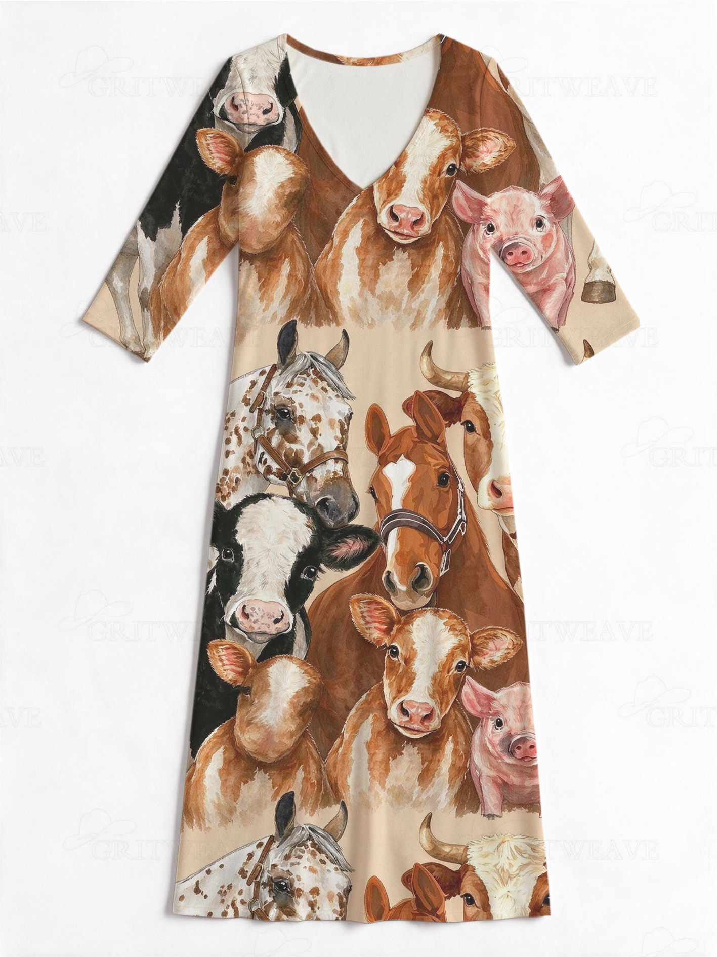 Dairy Cow Horse Cattle Group Western V-Neck Printed Dress | Allover Print
