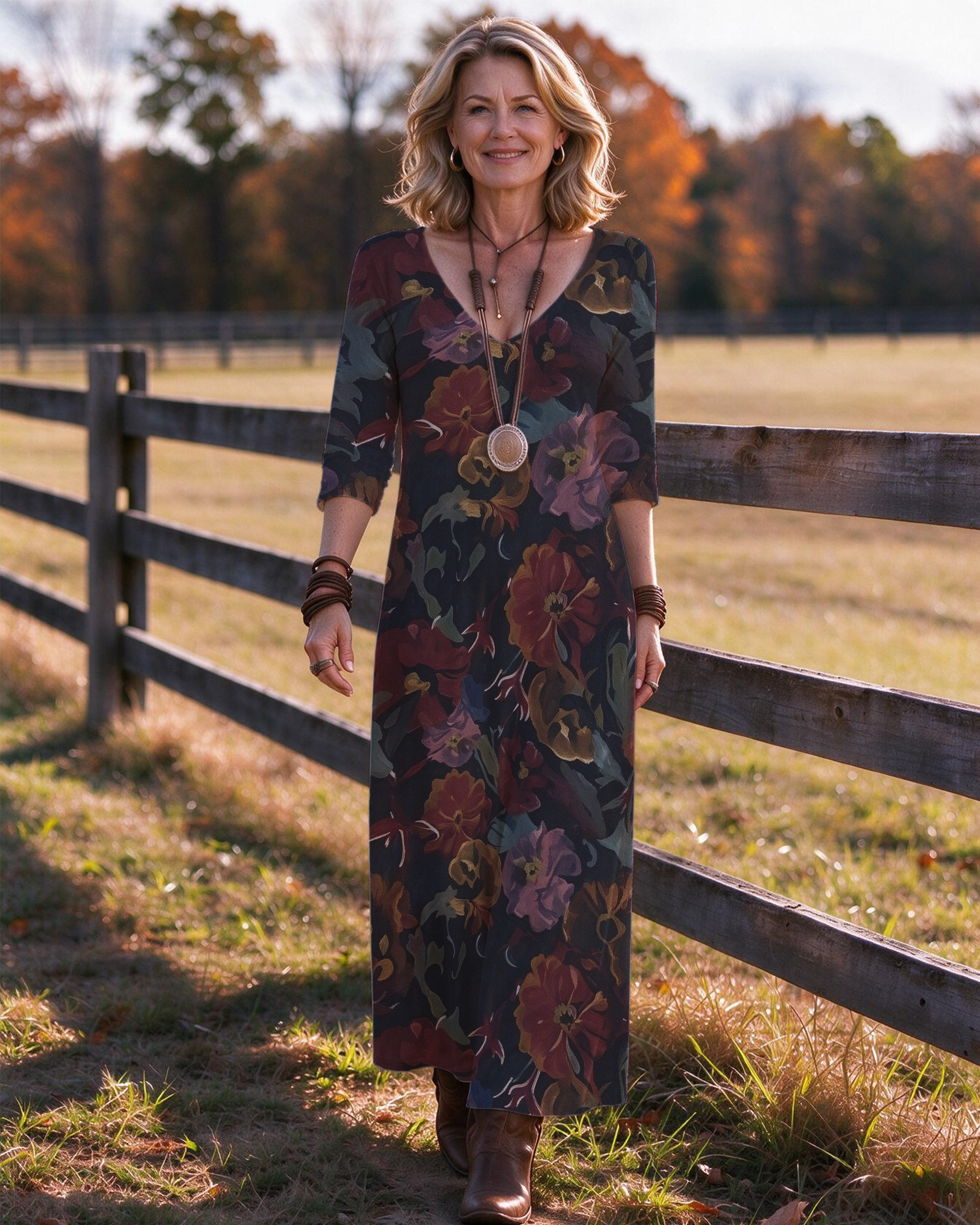 Autumn Flowers on a Dark Background Western V-Neck Printed Dress | Allover Print