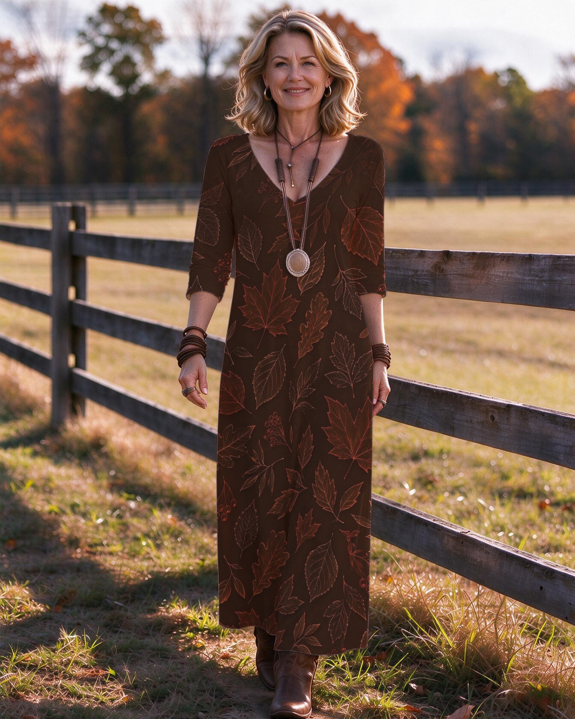 Maple leaves Western V-Neck Printed Dress | Allover Print