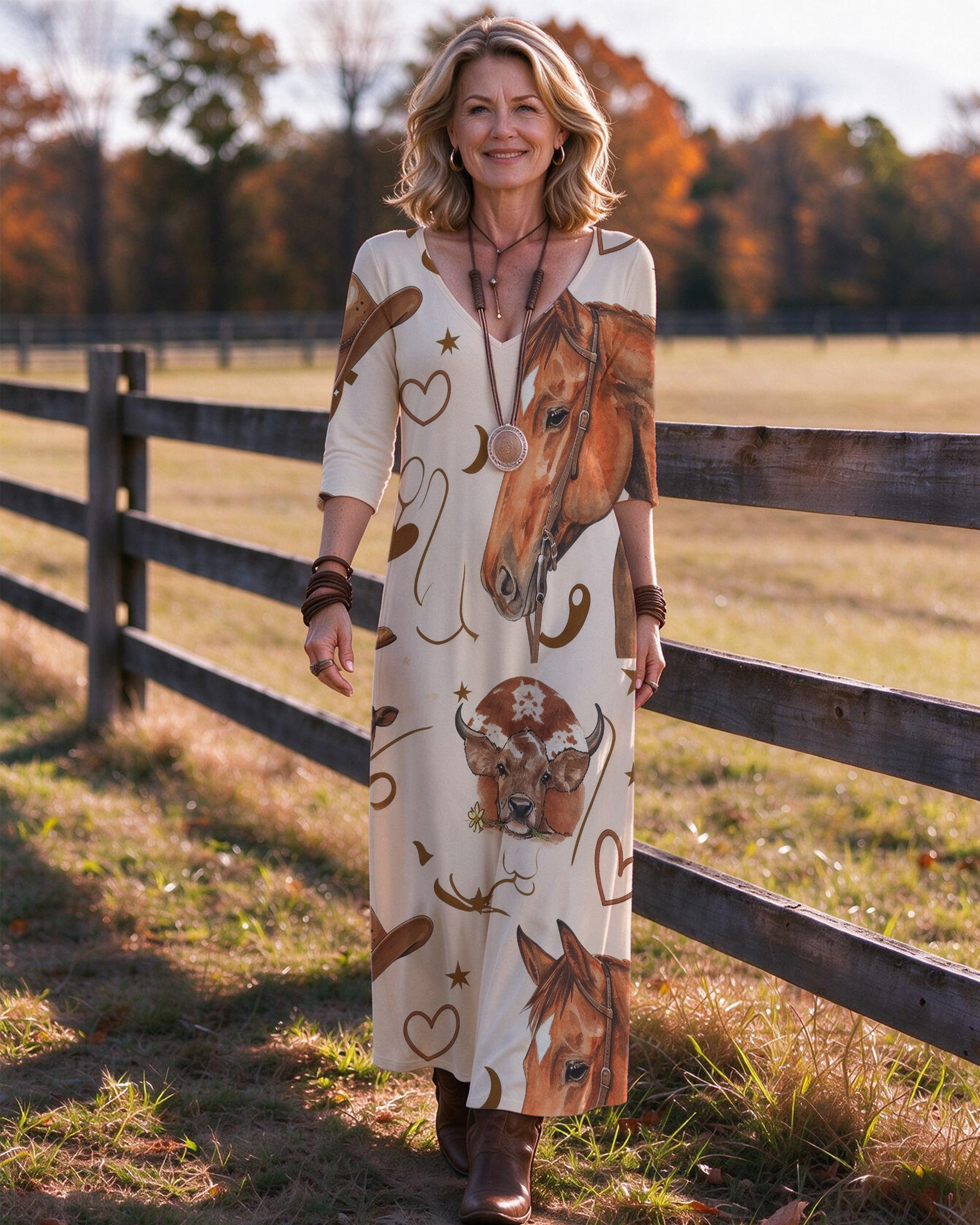 Horse-headed longhorn Western V-Neck Printed Dress | Allover Print