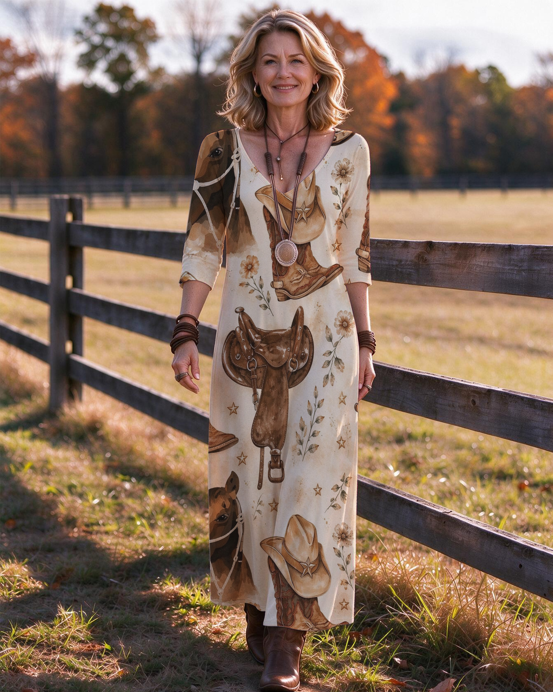 Saddle Cowboy Boot Hat & Horse Wildflower All Over Western V-Neck Printed Dress | Allover Print