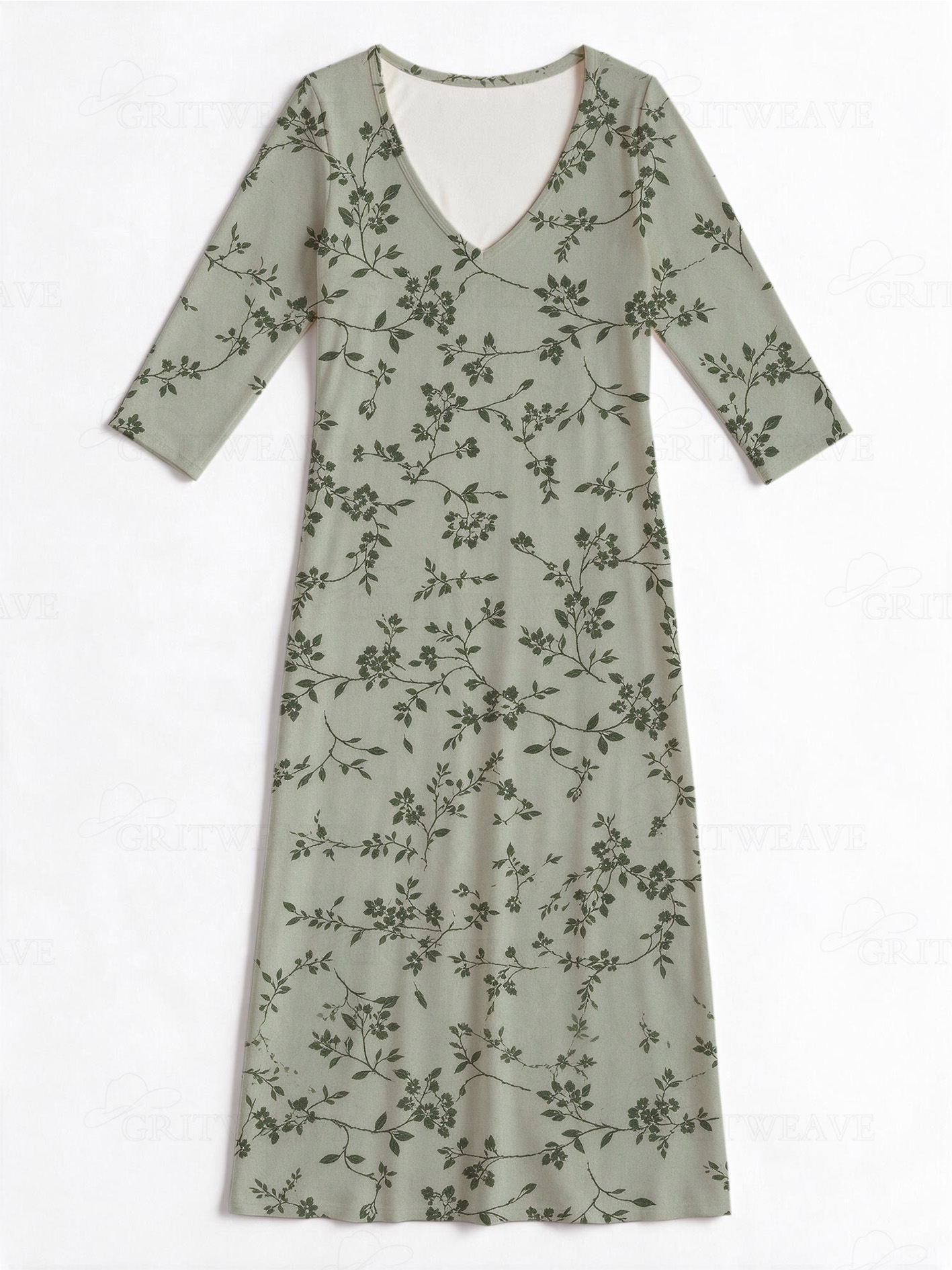 Sage green plant vine Western V-Neck Printed Dress | Allover Print