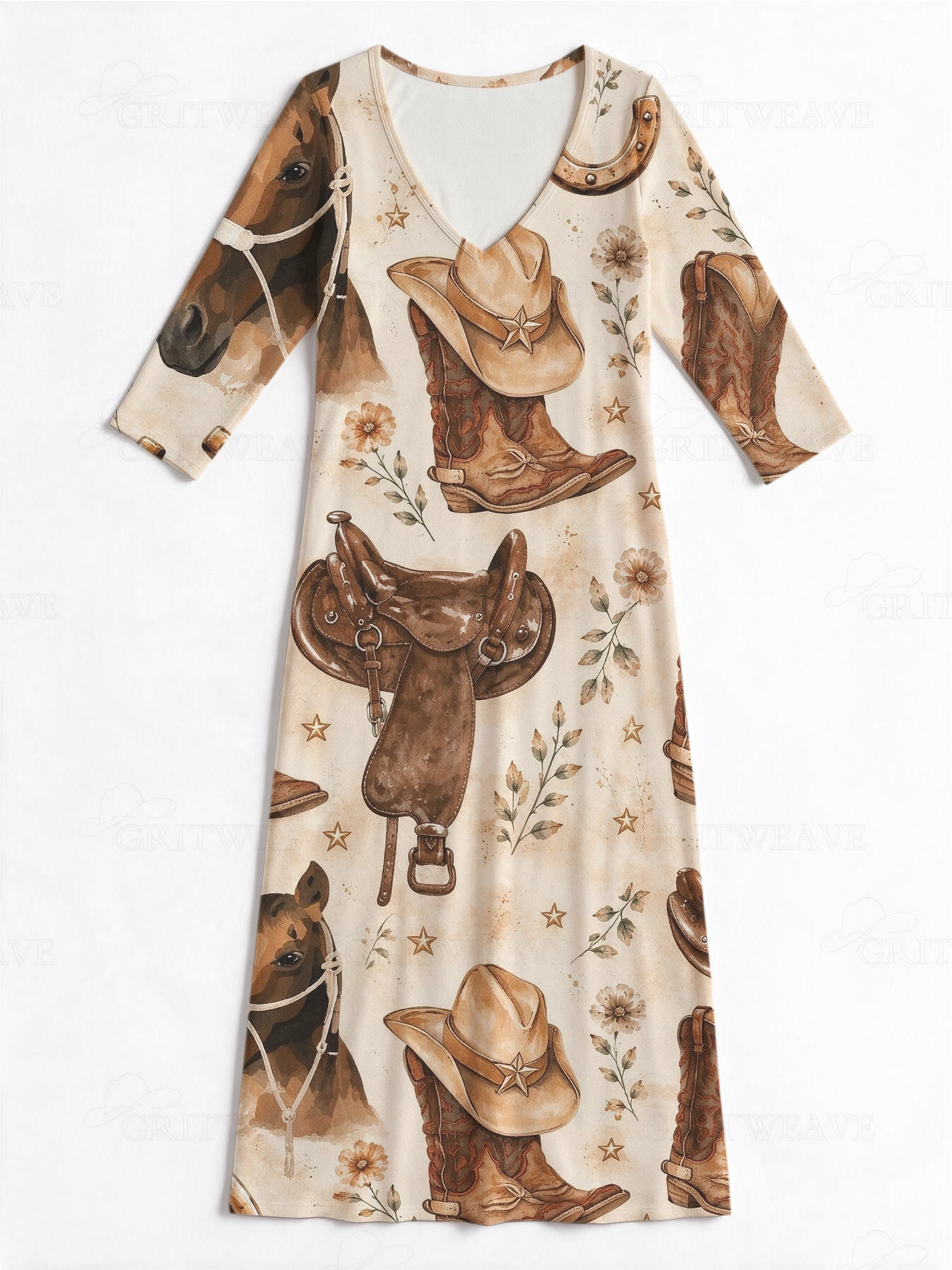 Saddle Cowboy Boot Hat & Horse Wildflower All Over Western V-Neck Printed Dress | Allover Print