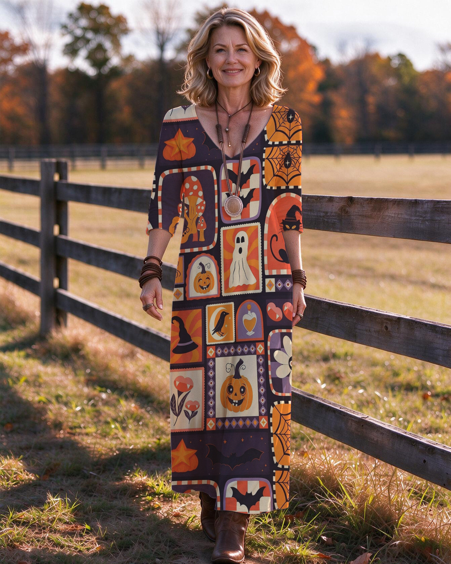 Fun Pumpkin Ghost Bat Spider Web Western V-Neck Printed Dress | Allover Print